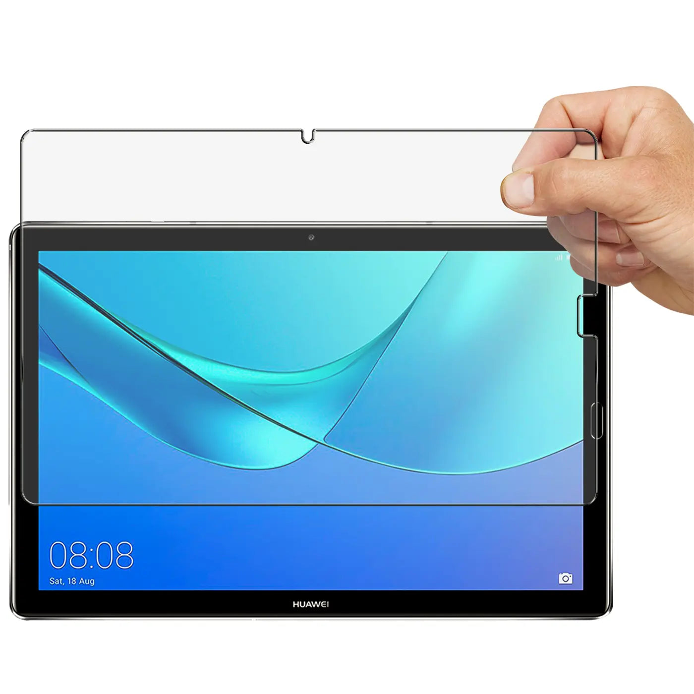 Hand hält transparentes Panzerglas über ein schwarzes Huawei Mediapad M5/M5 Pro 10.8 Tablet, Frontansicht.