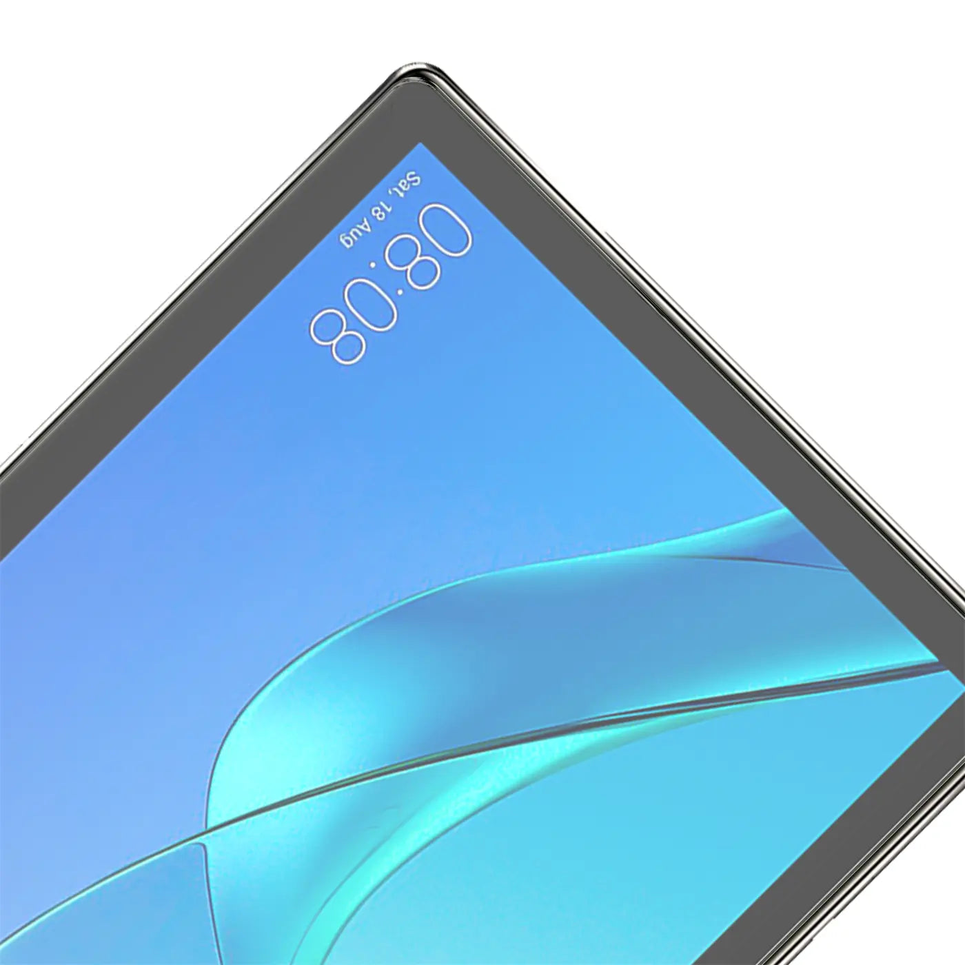 Huawei Mediapad M5/M5 Pro 10.8 Tablet, schräg von oben, mit Panzerglas-Displayschutz. Uhrzeit 08:08 auf blauem Screen.