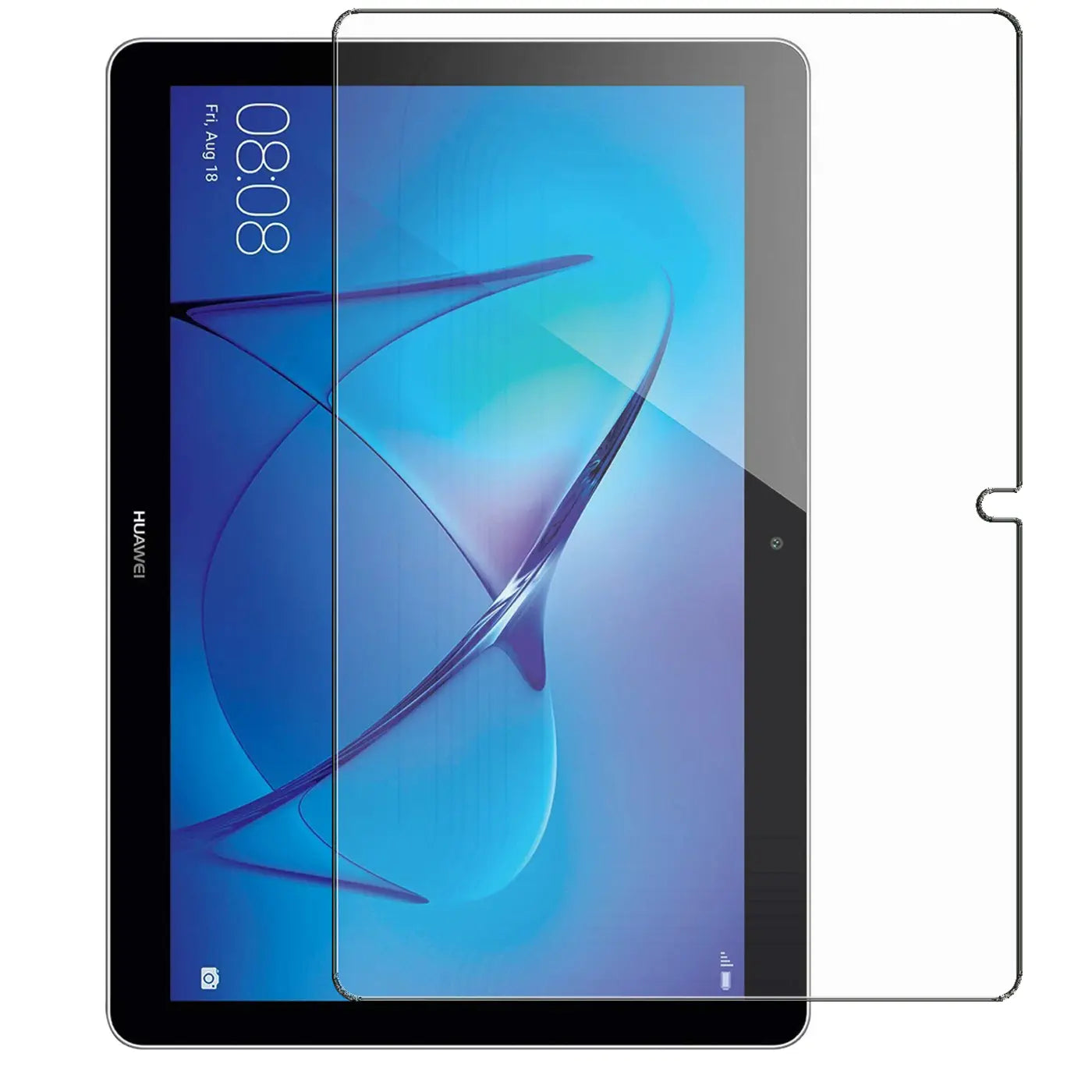 Klares Panzerglas für Huawei Mediapad T3 10, von vorne auf schwarzem Tablet mit blauem Display-Hintergrund.