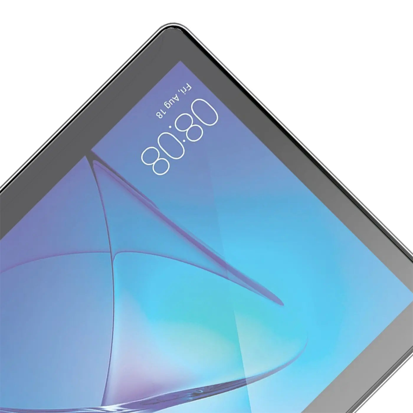 Nahaufnahme eines Huawei Mediapad T3 10 Tablets mit schwarzem Rahmen und blauem Display, schräg von oben.