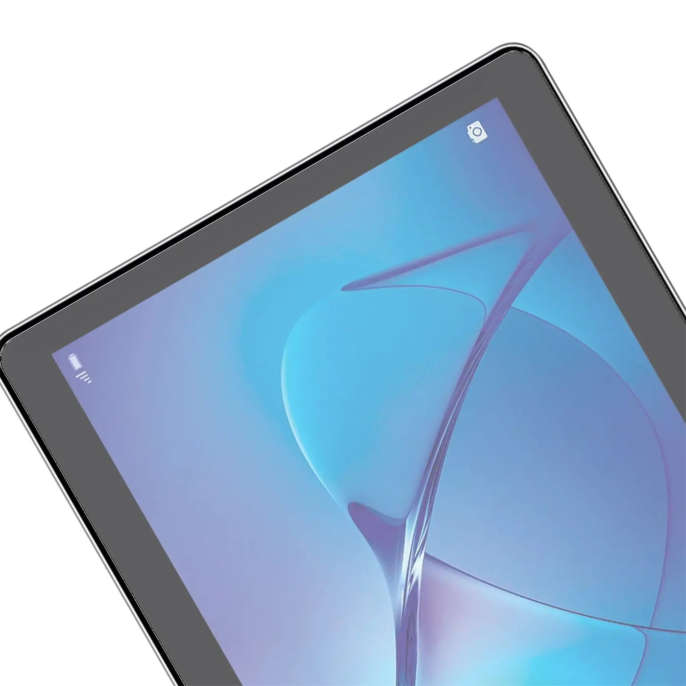 Nahaufnahme eines Huawei Mediapad T3 10 Tablets mit schwarzem Rahmen und blauem Display, schräg von oben.