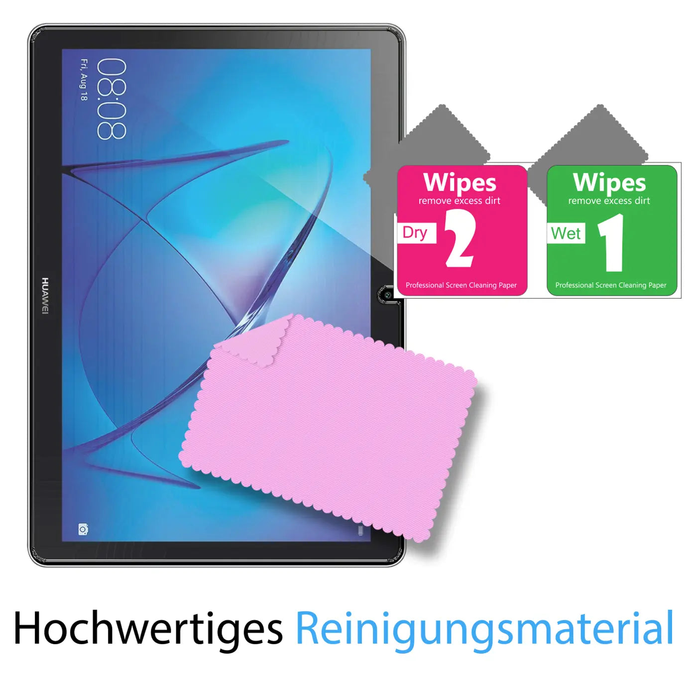 Huawei Mediapad T3 10 Tablet mit Displayschutzfolie, rosa Mikrofasertuch und zwei Reinigungstüchern (nass/trocken).