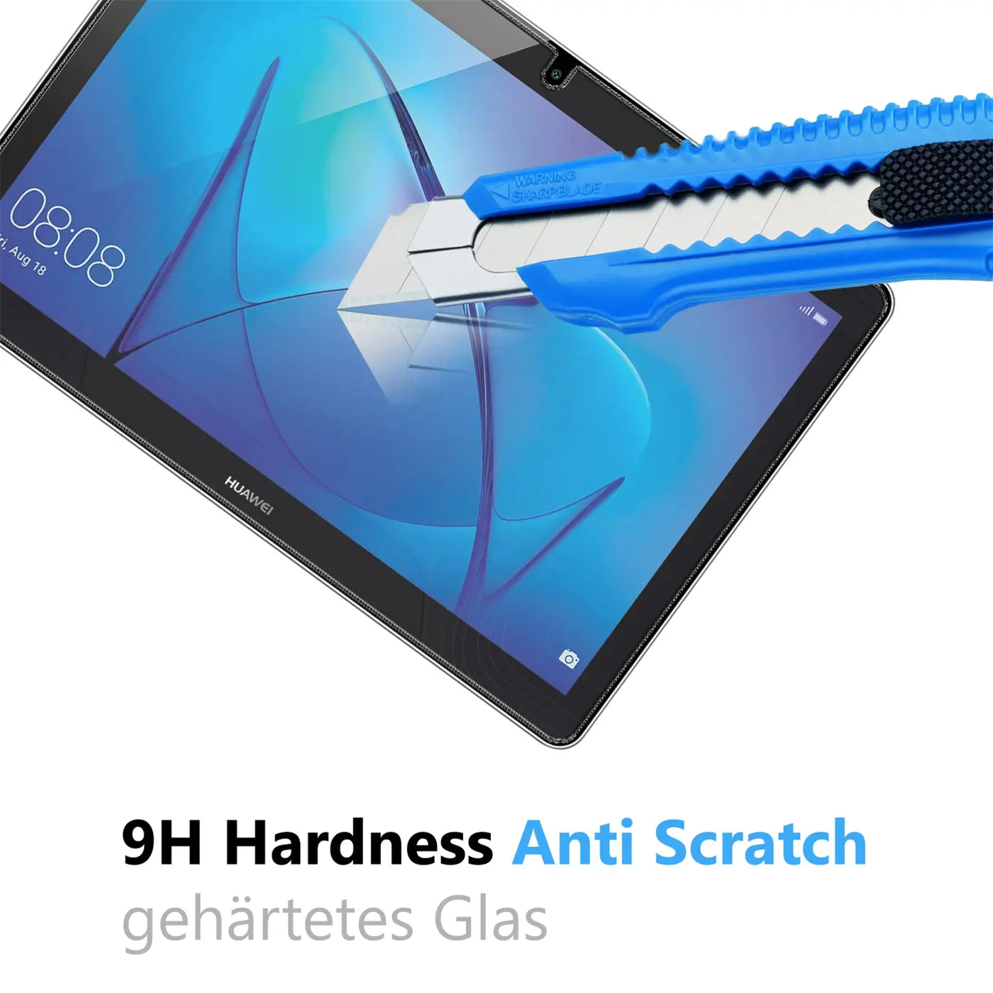Blaues Cuttermesser auf Huawei Mediapad T3 10 Display, von oben rechts nach unten links, kratzfestes Panzerglas.