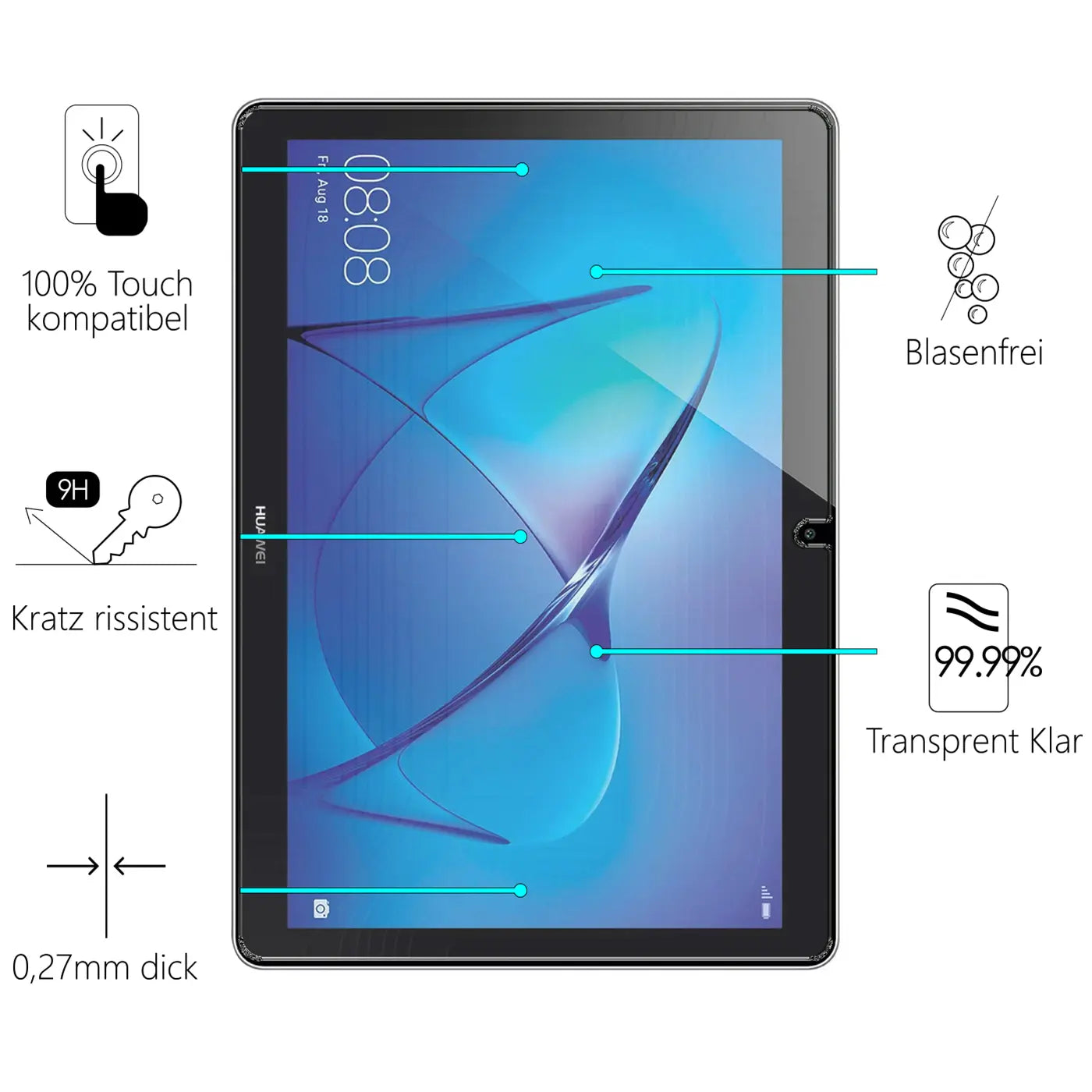 Schwarzes Huawei MediaPad T5 Tablet mit transparentem Panzerglas-Displayschutz, frontal, umgeben von Piktogrammen.