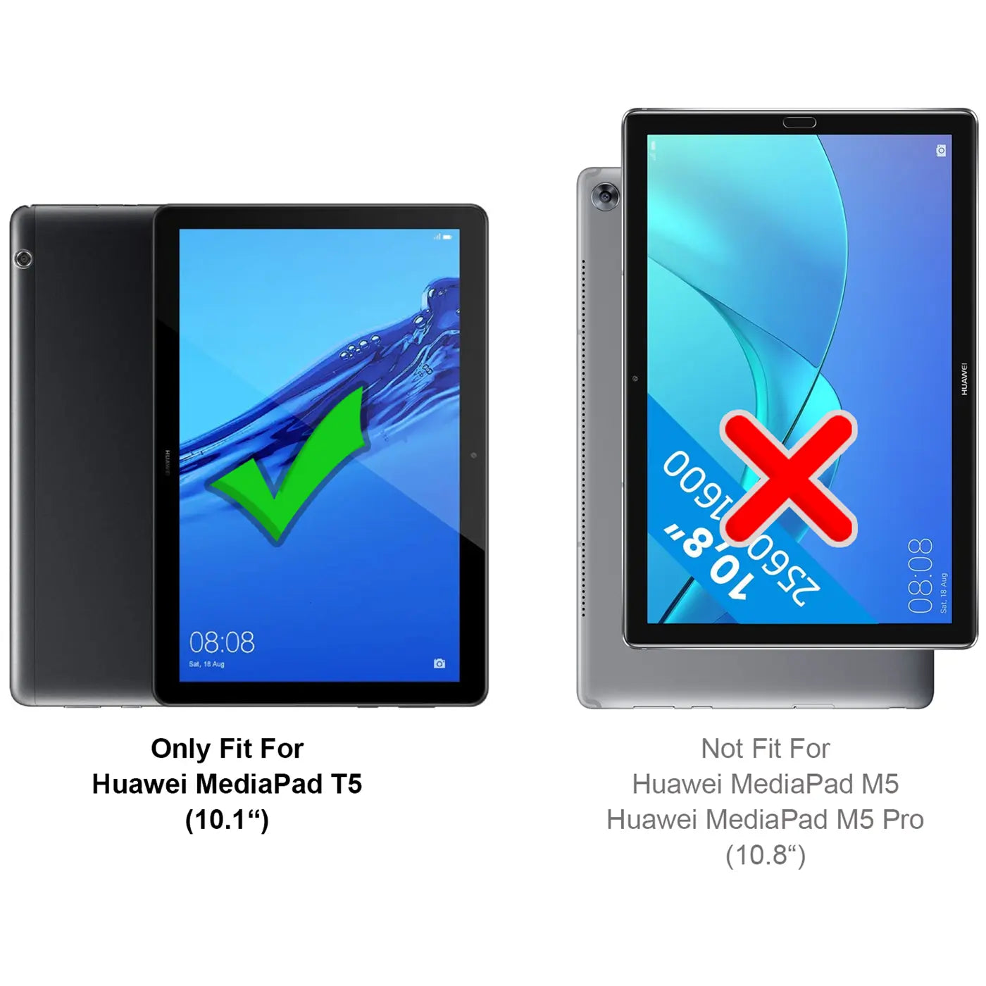 Schwarzes Huawei MediaPad T5 (10.1") Tablet mit grünem Haken, daneben ein graues Huawei MediaPad M5 (10.8") mit rotem X.