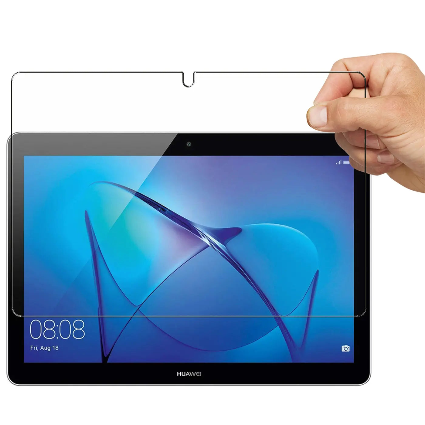 Rechte Hand hält transparentes Panzerglas über schwarzem Huawei MediaPad T5 10.1 Tablet, Vorderansicht.