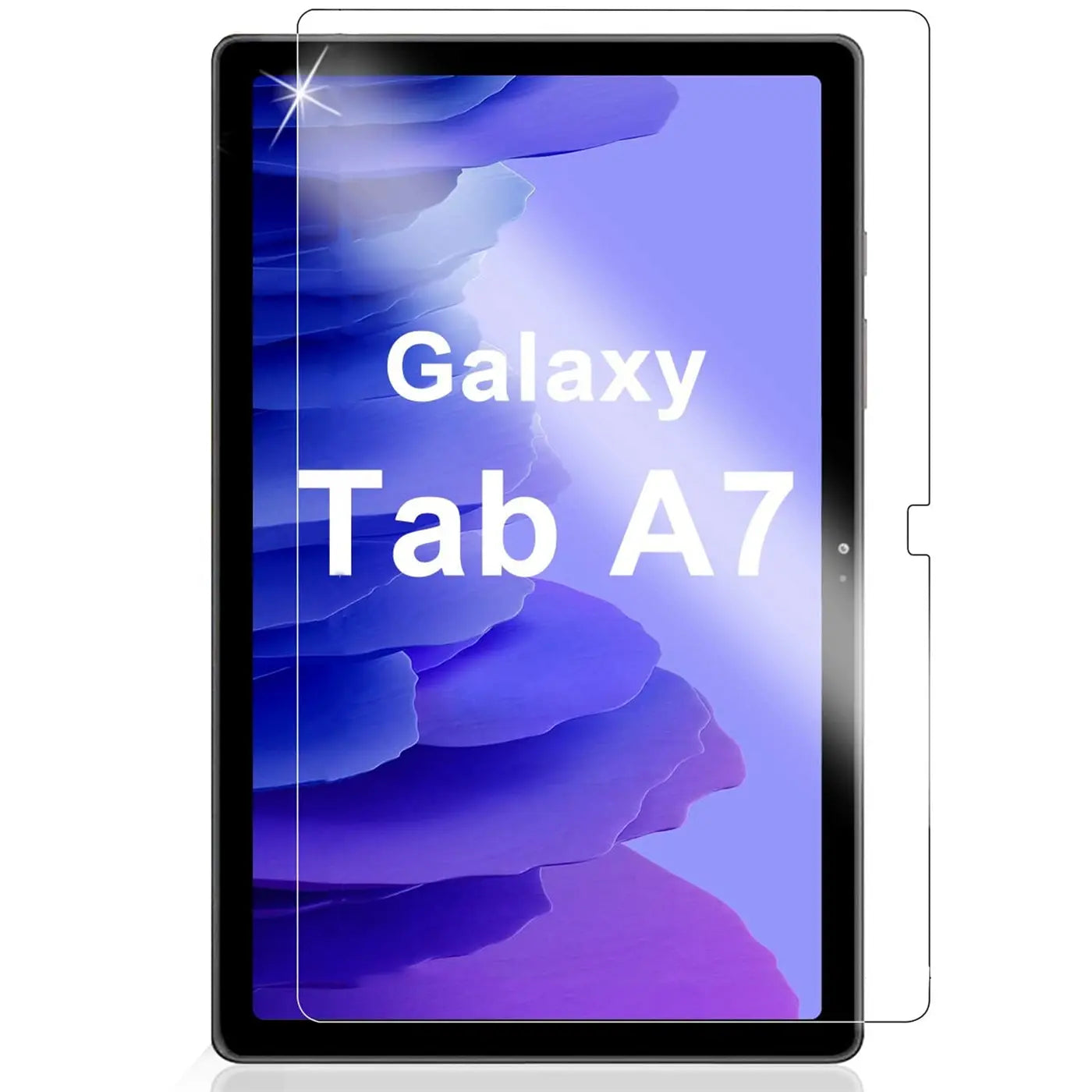 Klares Panzerglas für Samsung Galaxy Tab A7 10.4, schräg von oben rechts auf schwarzem Tablet liegend.