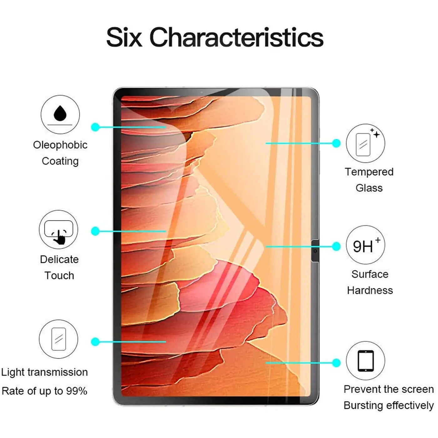 Samsung Galaxy Tab A7 10.4 mit transparentem Panzerglas-Displayschutz, von vorne, umgeben von 6 Merkmalen.