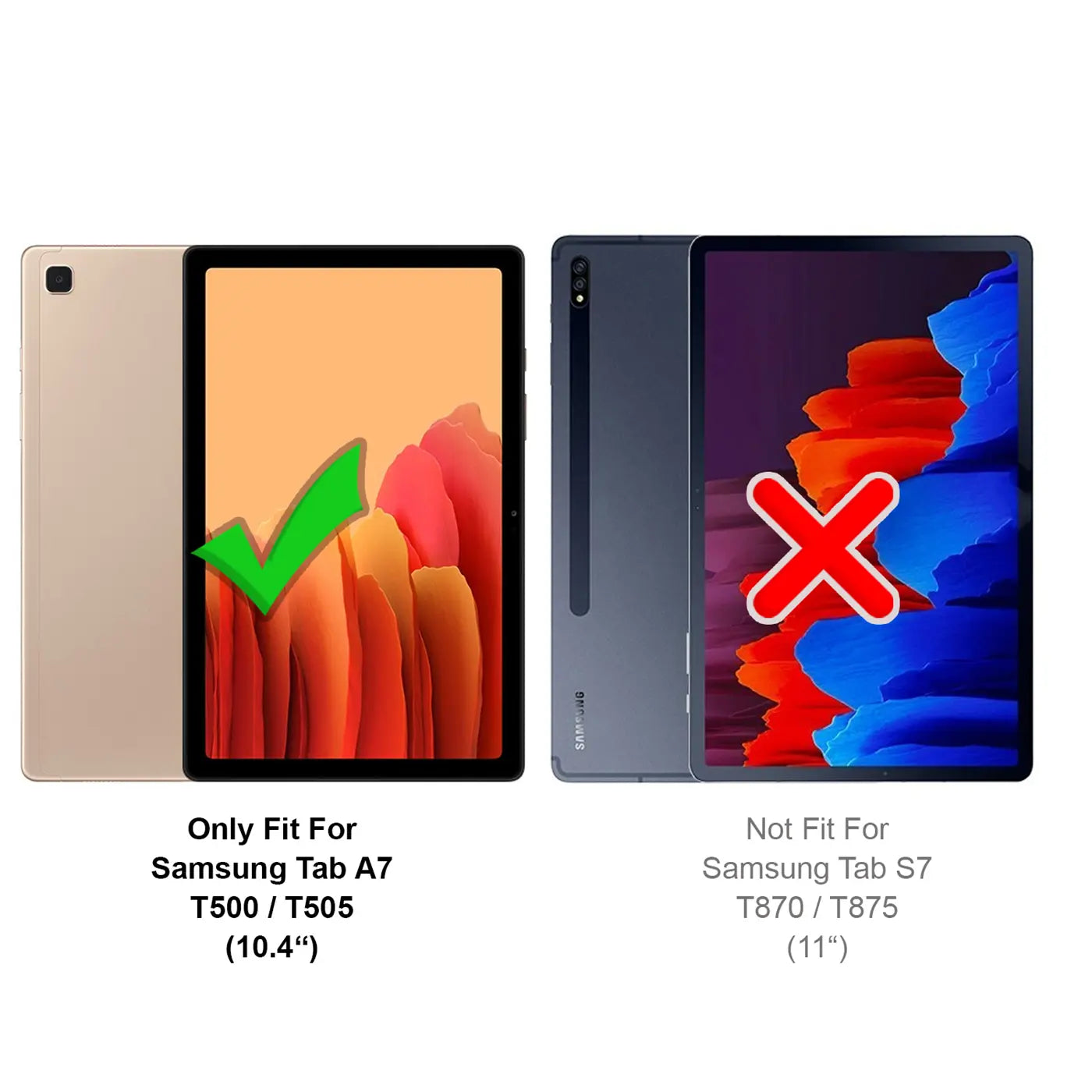 Zwei goldene und graue Samsung Tablets von vorne und hinten, mit grünem Haken und rotem X.