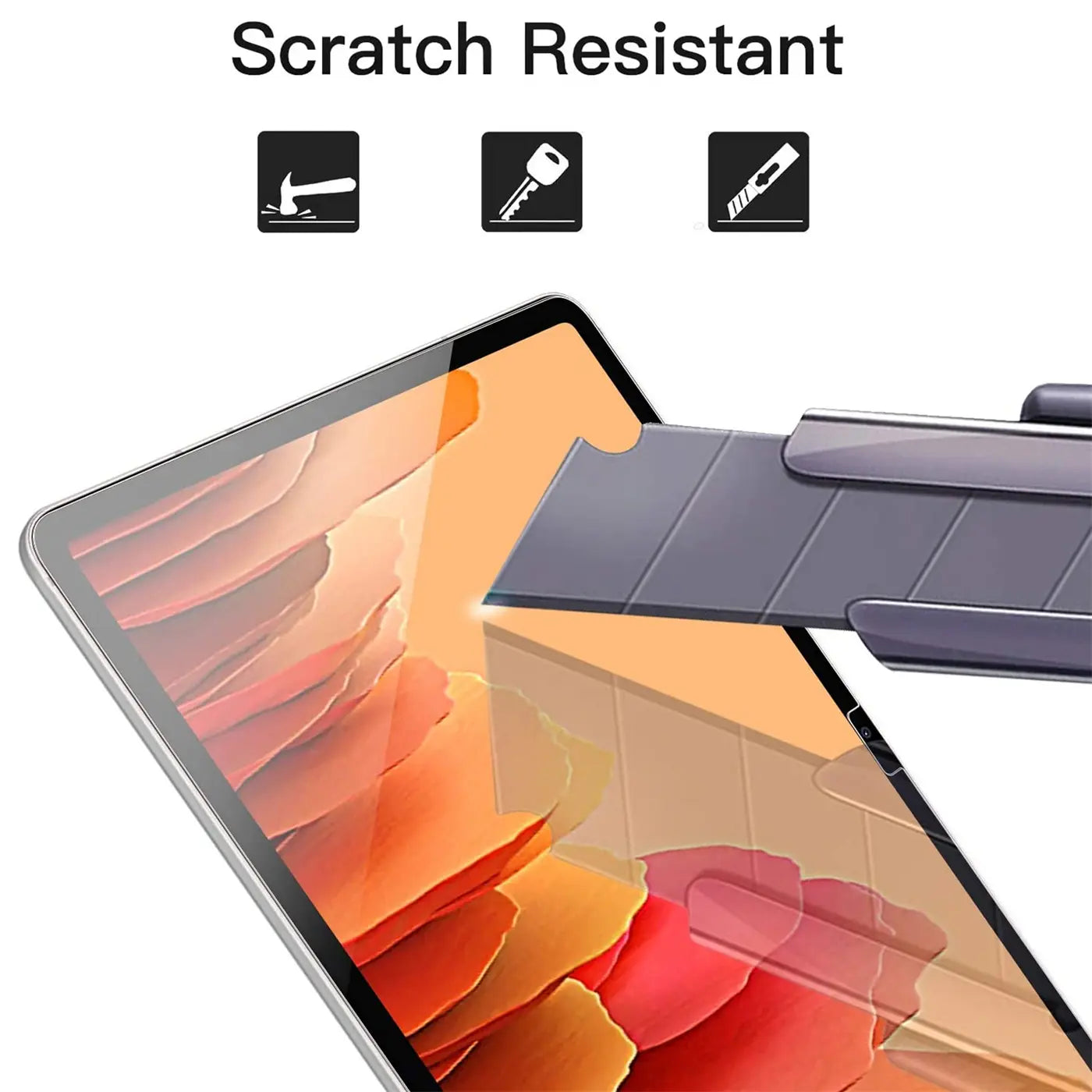 Graues Cuttermesser auf Panzerglas-Displayschutz eines Samsung Galaxy Tab A7 10.4, schräg von oben.