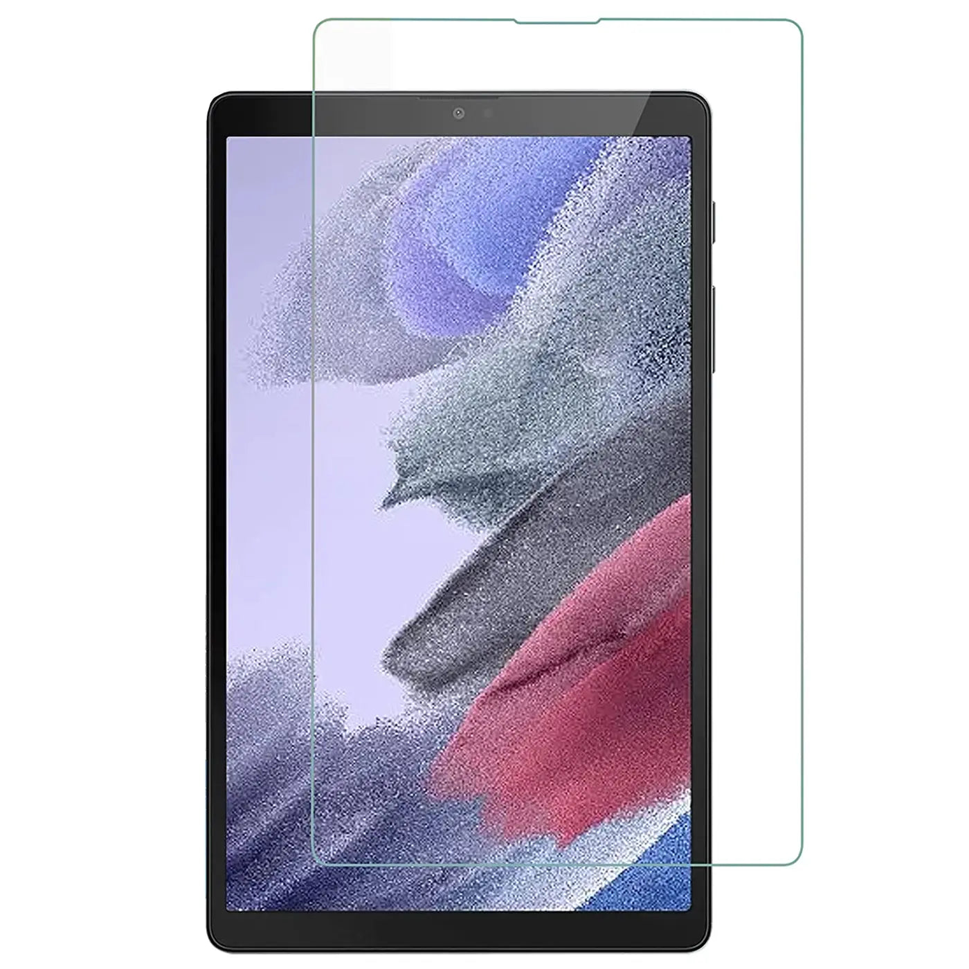 Samsung Galaxy Tab A7 Lite 8.7 in Schwarz, frontal mit transparentem Panzerglas-Displayschutz daneben.