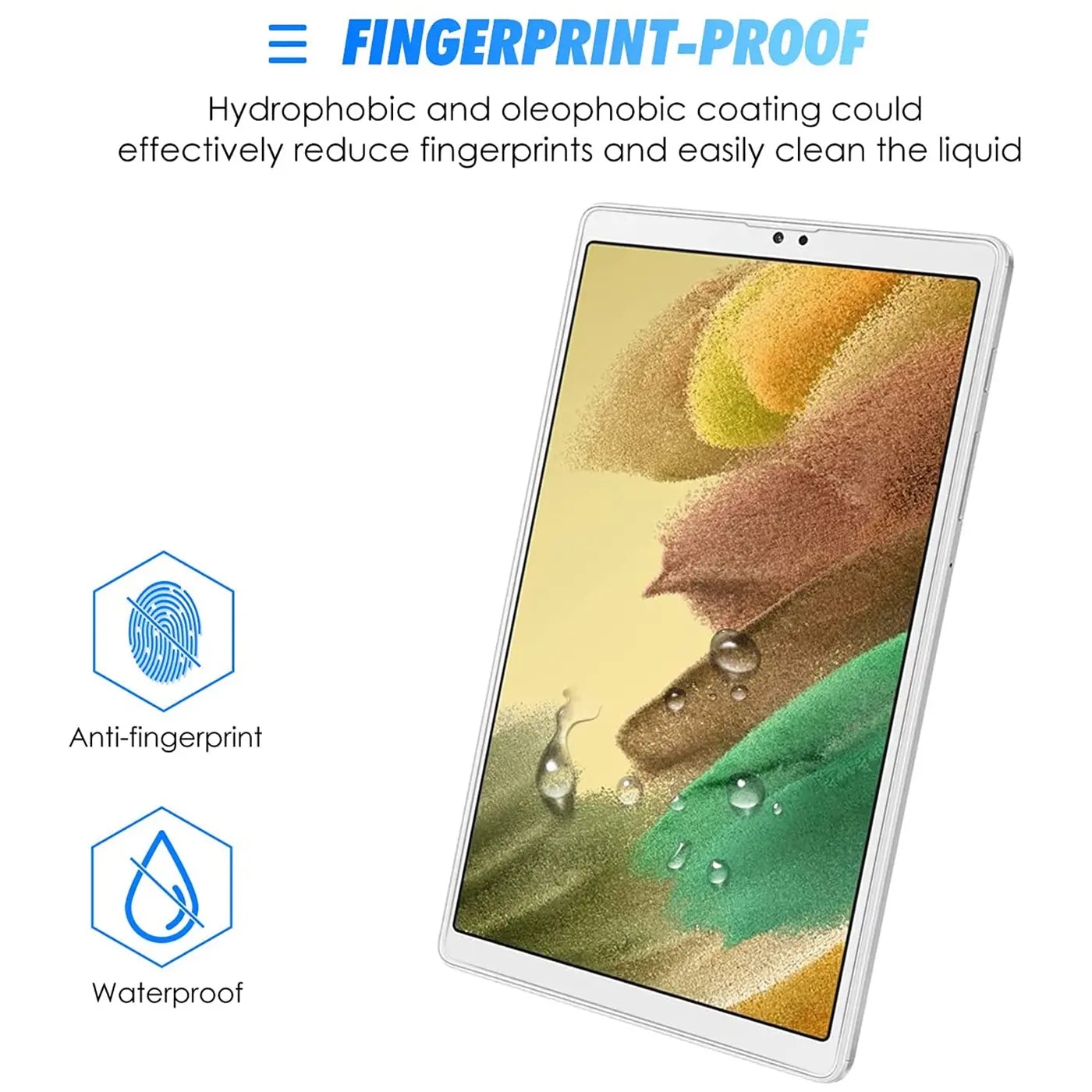 Weißes Samsung Galaxy Tab A7 Lite 8.7 Tablet schräg von oben, mit Wassertropfen auf dem Display.