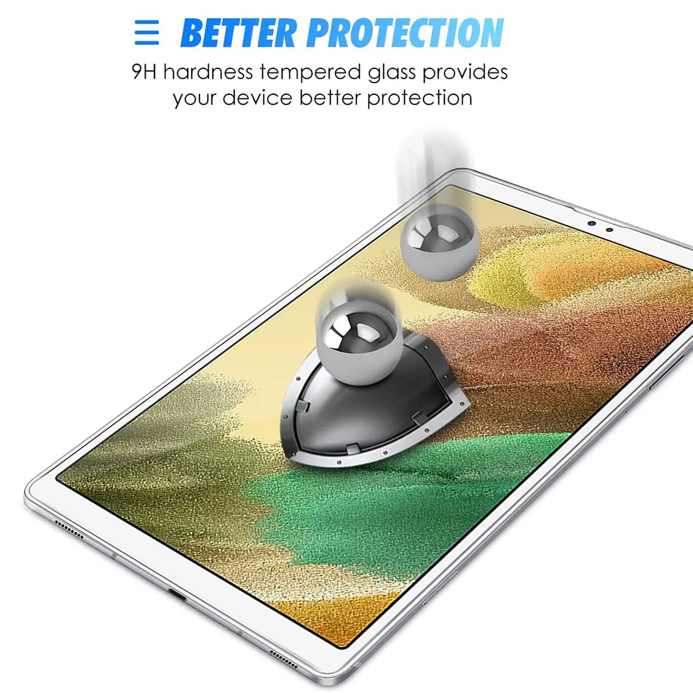 Silbernes Samsung Galaxy Tab A7 Lite von oben, mit zwei fallenden Metallkugeln und einem Schutzschild auf dem Display.