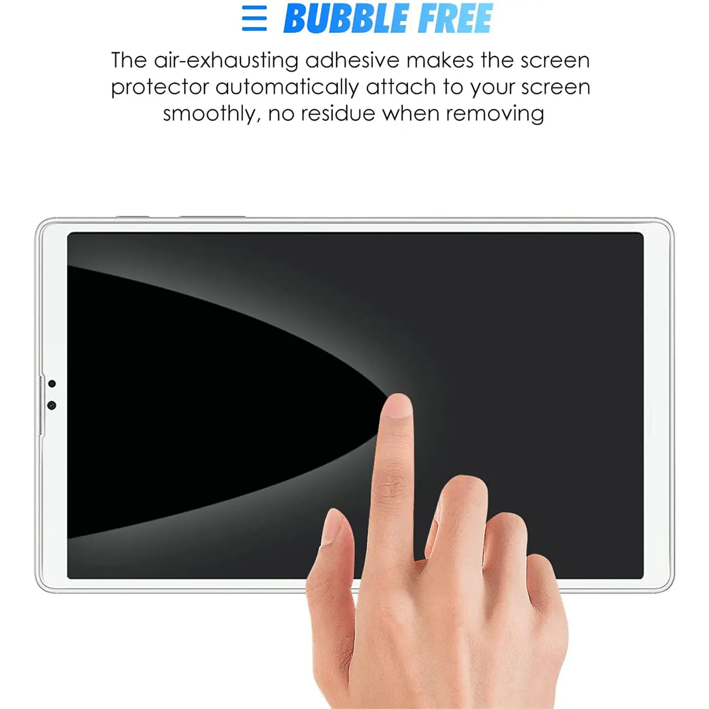 Weiße Hand drückt auf schwarzes Display eines weißen Samsung Galaxy Tab A7 Lite, um eine Blase zu entfernen.