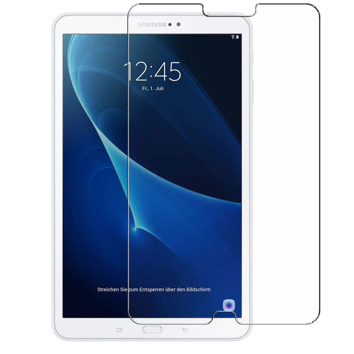 Transparentes Panzerglas für Samsung Galaxy Tab A 10.1 2016, frontal auf weißem Tablet liegend, leicht nach rechts versetzt.