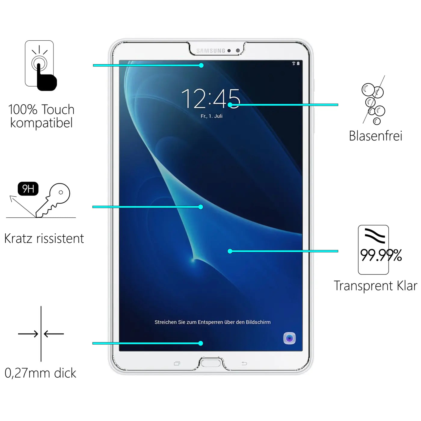 Weißes Samsung Galaxy Tab A 10.1 2016 Tablet mit transparentem Panzerglas-Displayschutz, frontal.
