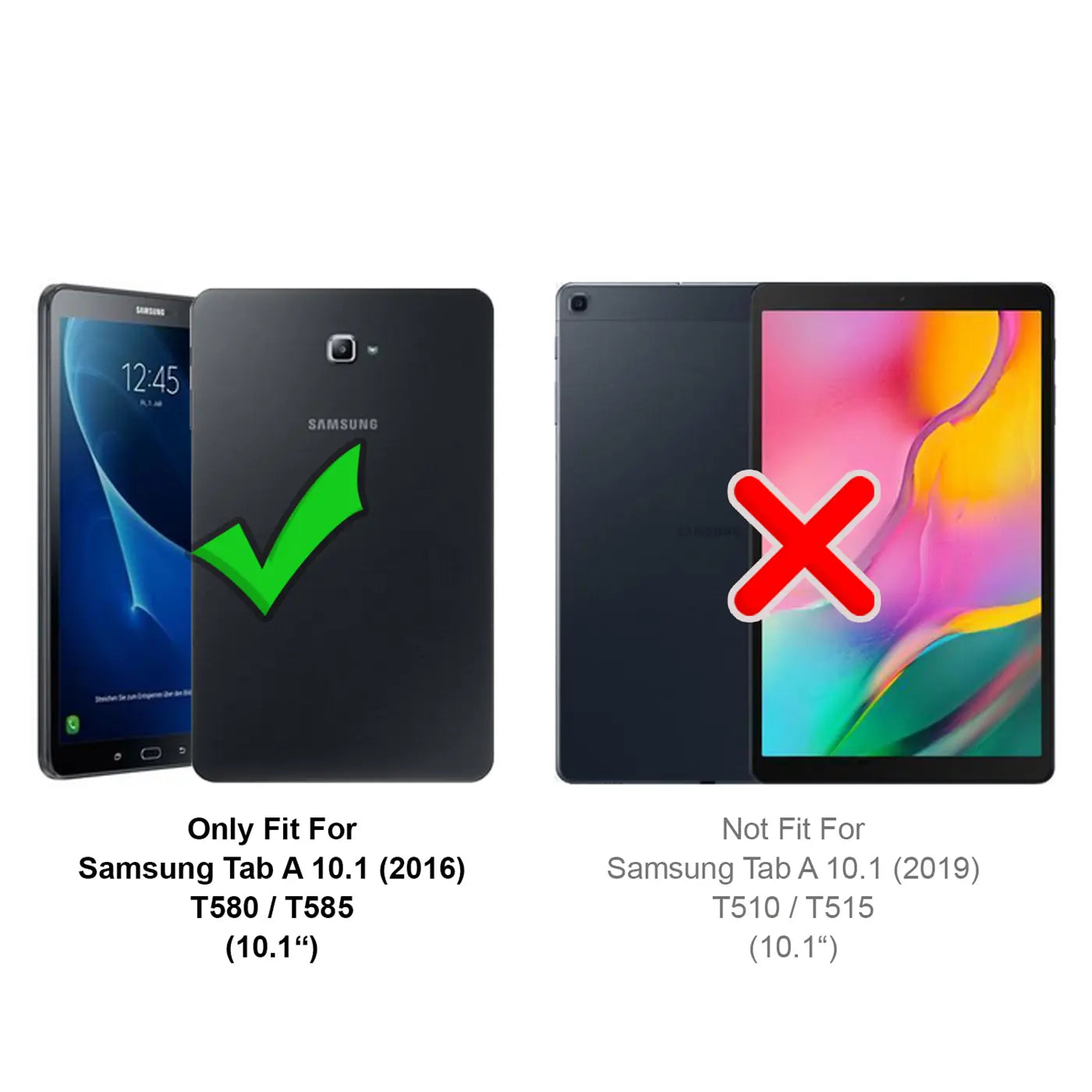 Zwei schwarze Samsung Galaxy Tab A 10.1 Tablets (2016 & 2019) von vorne und hinten, mit Haken und Kreuz.