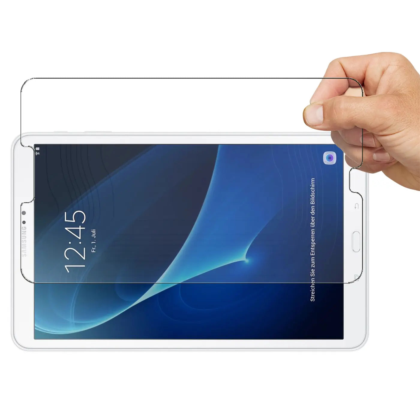 Eine Hand hält ein transparentes Panzerglas über einem weißen Samsung Galaxy Tab A 10.1 2016 Display.
