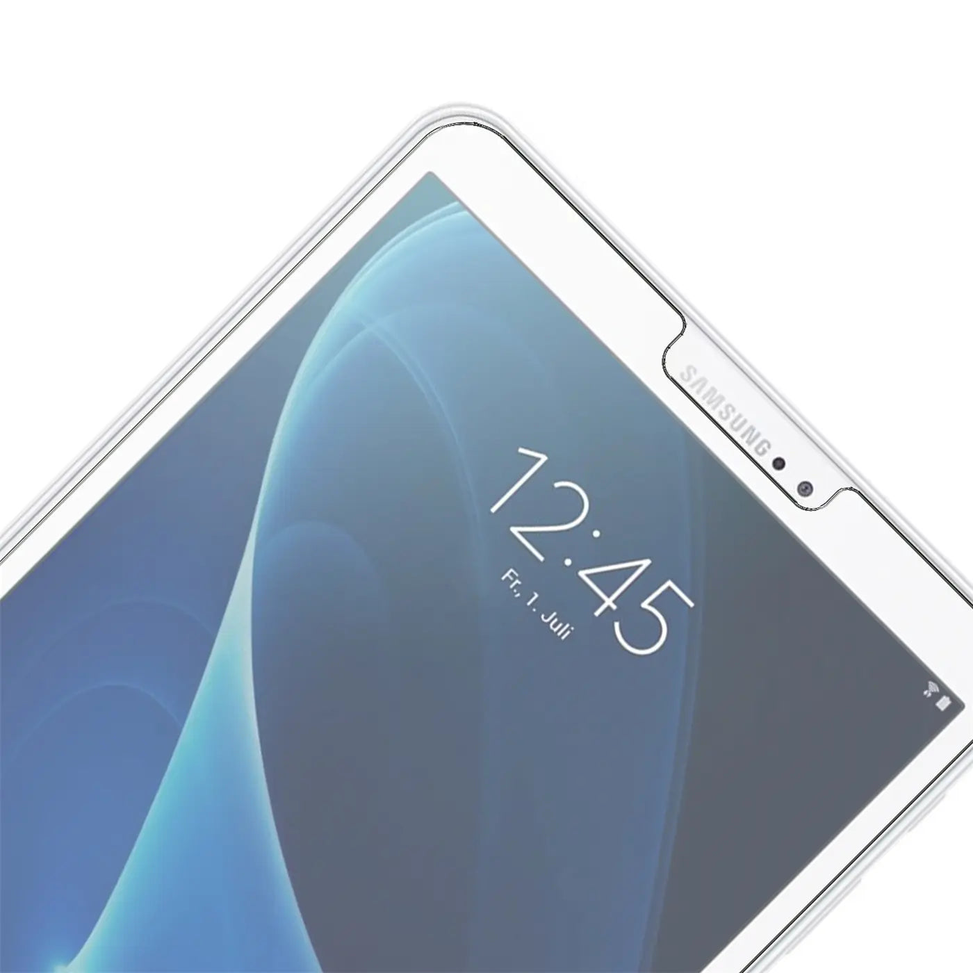 Nahaufnahme eines weißen Samsung Galaxy Tab A 10.1 2016 mit aufgebrachtem, transparentem Panzerglas Displayschutz.