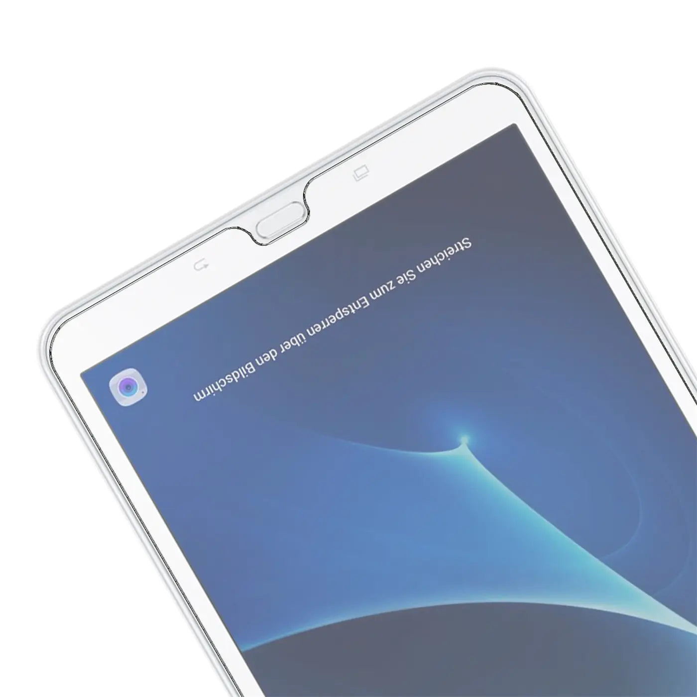 Nahaufnahme eines Samsung Galaxy Tab A 10.1 2016 mit transparentem Panzerglas-Displayschutz, schräg von oben.