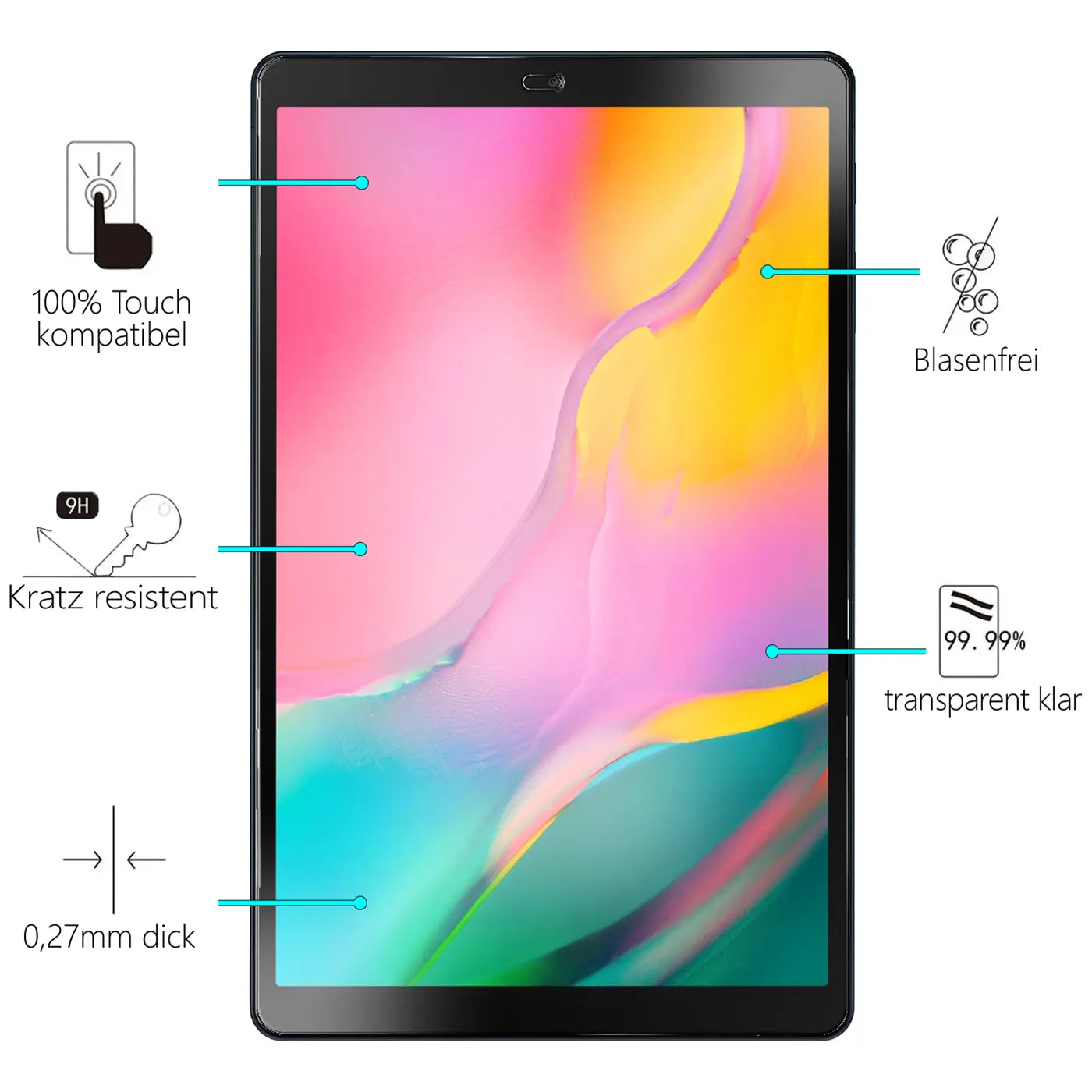 Schwarzes Samsung Galaxy Tab A 10.1 2019 von vorne mit transparentem Panzerglas-Displayschutz.