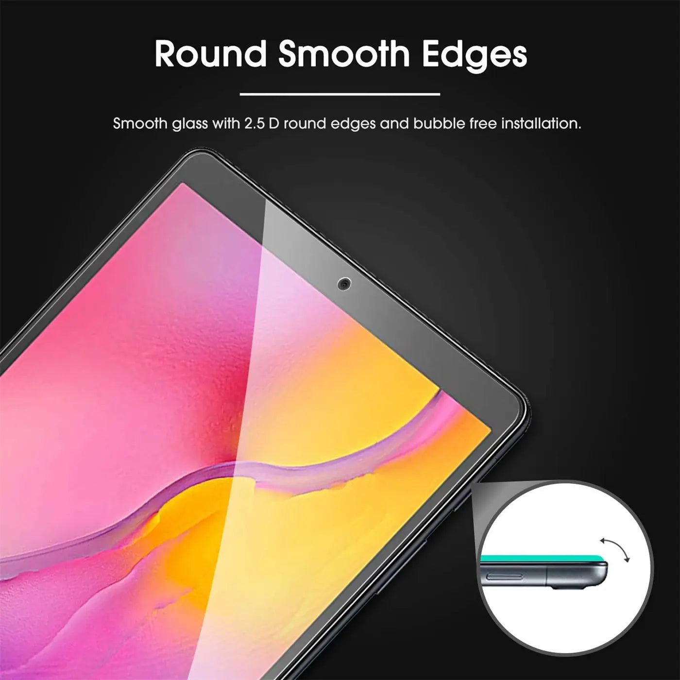 Nahaufnahme eines Samsung Galaxy Tab A 10.1 2019 mit Panzerglas-Displayschutz, schräg von oben. Inset zeigt abgerundete.