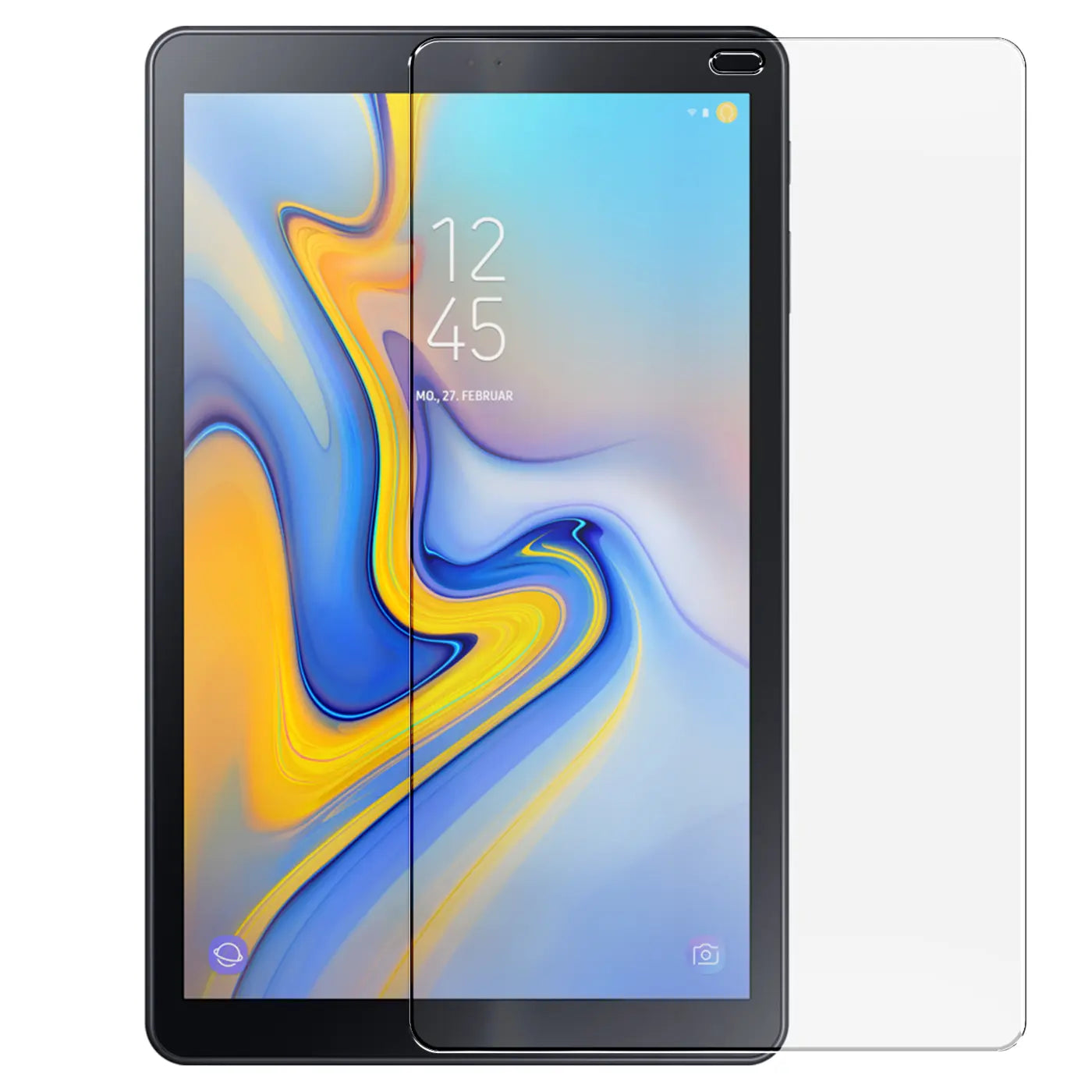Schwarzes Samsung Galaxy Tab A 10.5 2018 von vorne, mit halb aufliegendem, transparentem Panzerglas-Displayschutz.