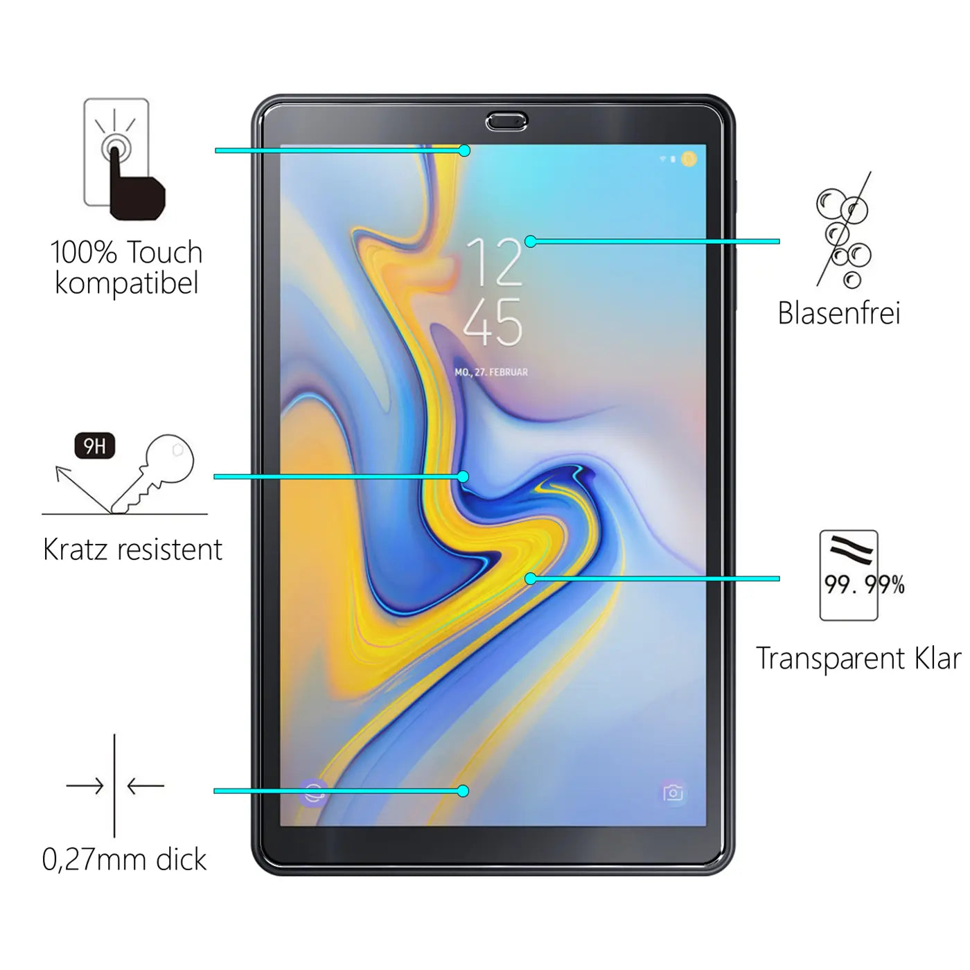 Schwarzes Samsung Galaxy Tab A 10.5 (2018) mit Panzerglas-Displayschutz, frontal, umgeben von Produktmerkmalen.