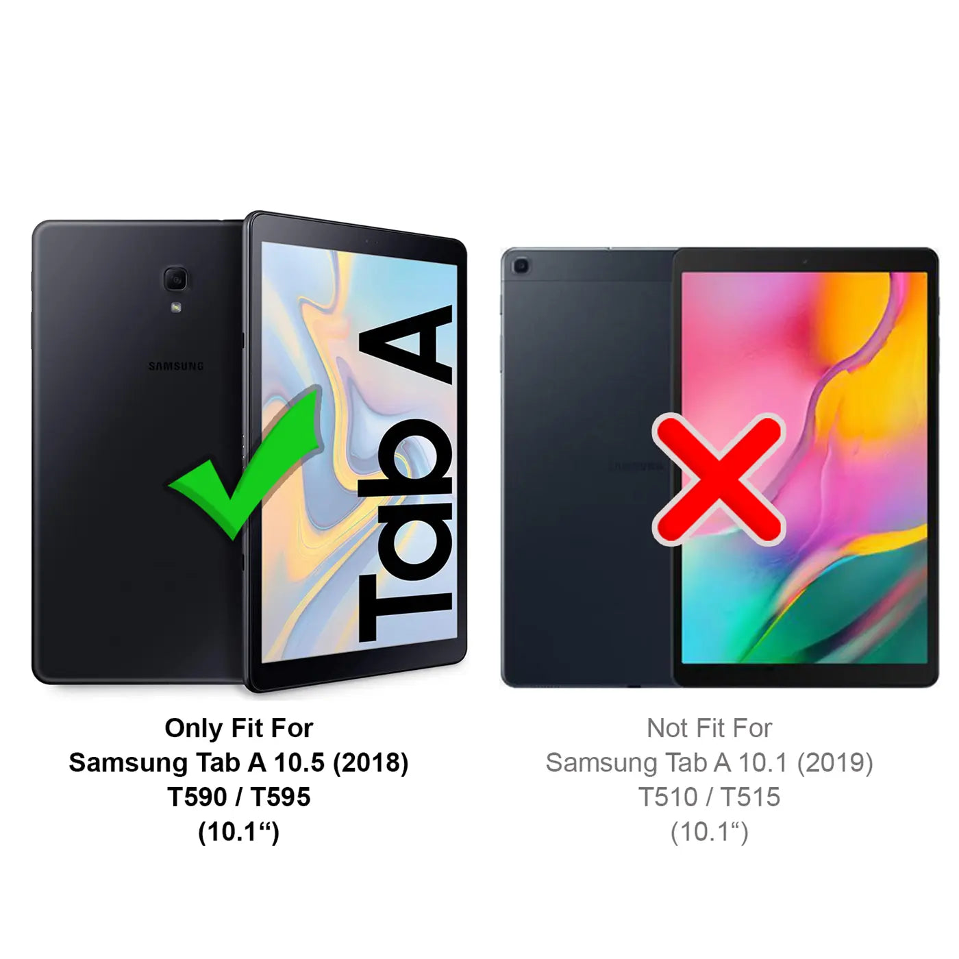 Zwei schwarze Samsung Galaxy Tab A Tablets, eines mit grünem Haken (passend), eines mit rotem X (nicht passend).