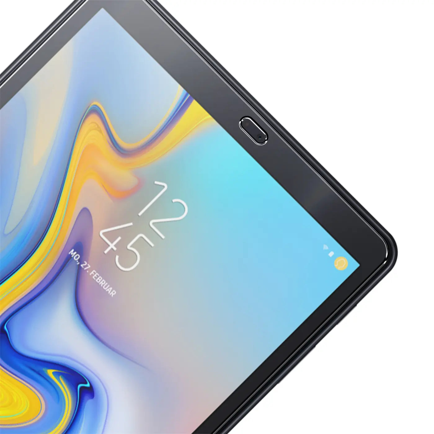 Nahaufnahme des oberen Bereichs eines schwarzen Samsung Galaxy Tab A 10.5 2018 mit Displayschutzfolie, schräg von oben.