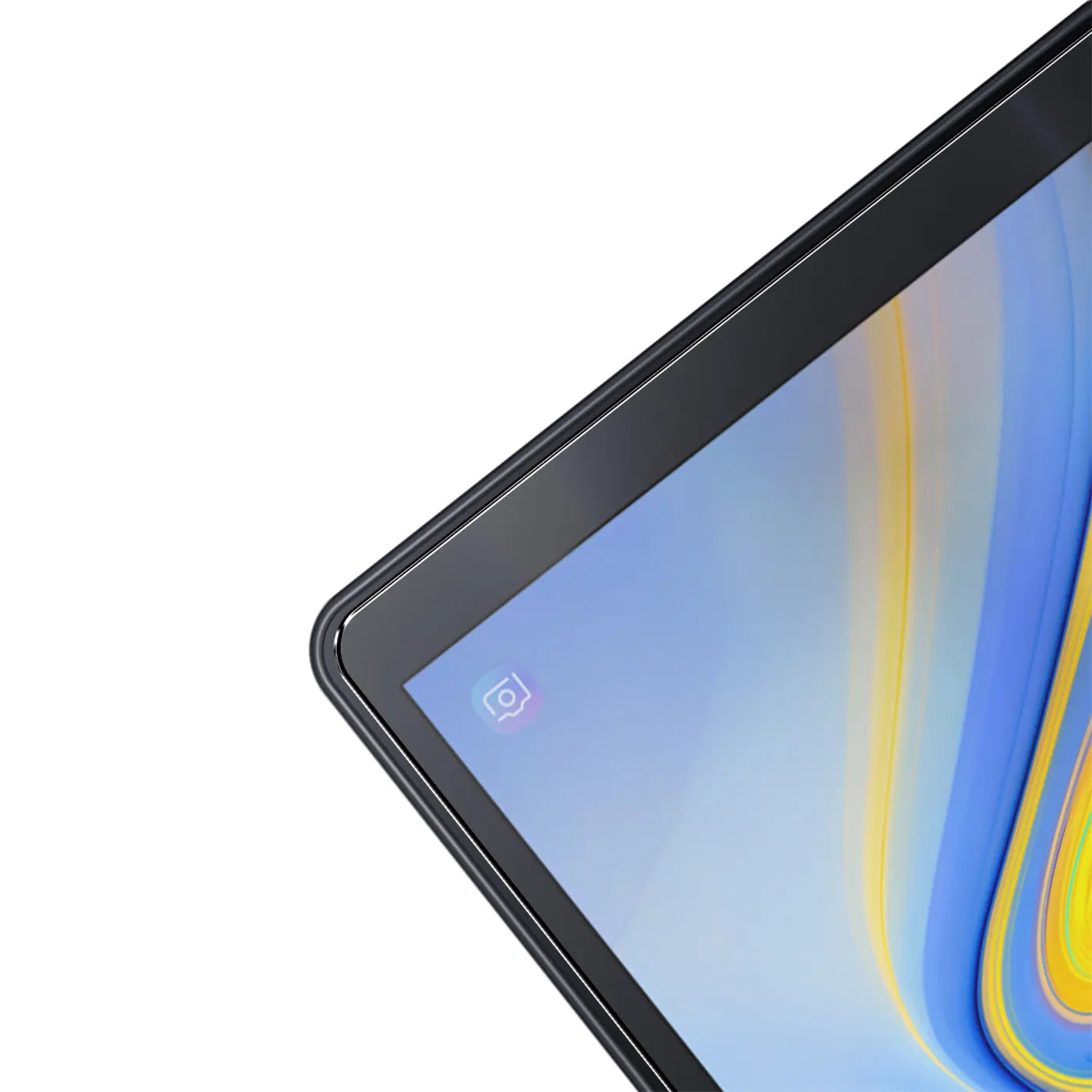 Nahaufnahme eines Samsung Galaxy Tab A 10.5 2018 Tablets mit schwarzem Rahmen und Panzerglas-Displayschutz.