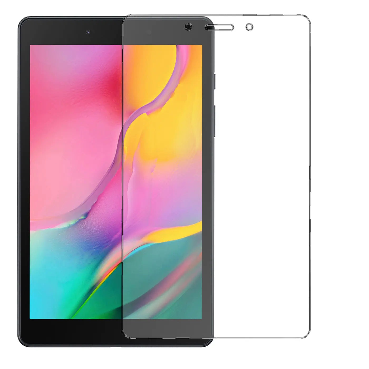 Schwarzes Samsung Galaxy Tab A 8.0 2019 von vorne, rechts daneben ein klarer Panzerglas-Displayschutz.