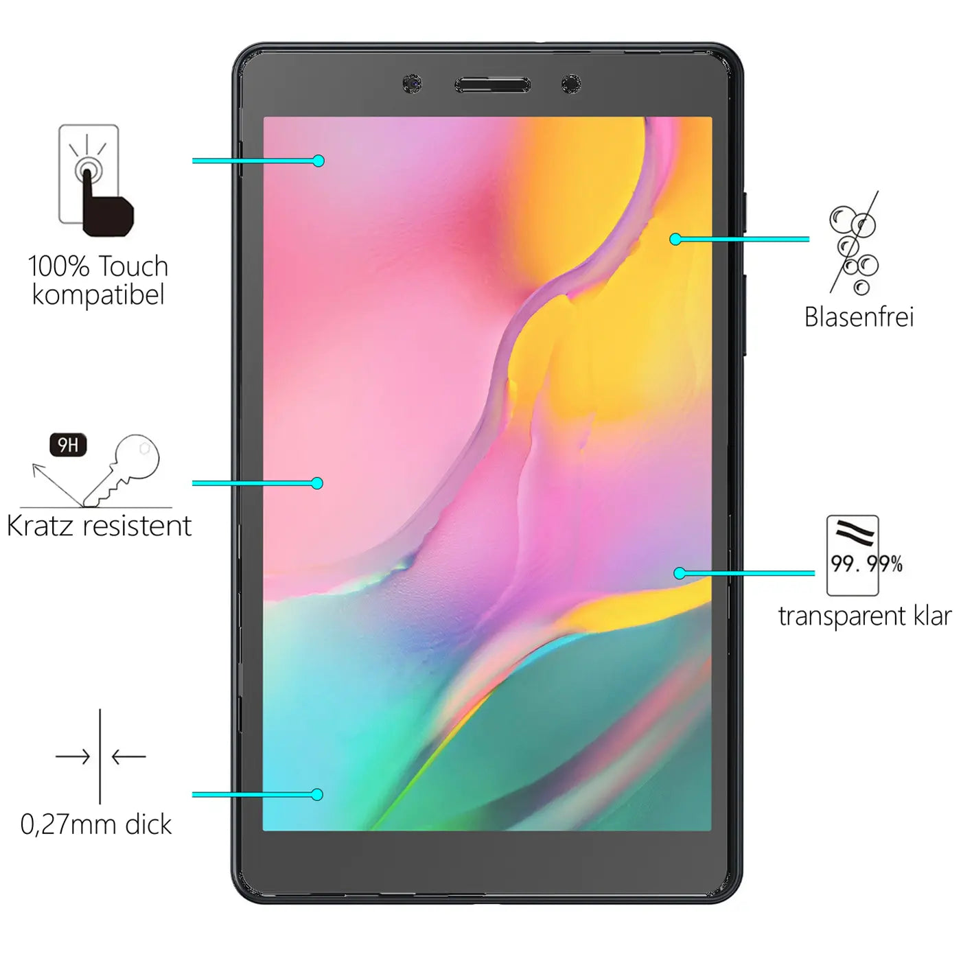Schwarzes Samsung Galaxy Tab A 8.0 (2019) von vorne mit Panzerglas-Displayschutz und Eigenschaften.