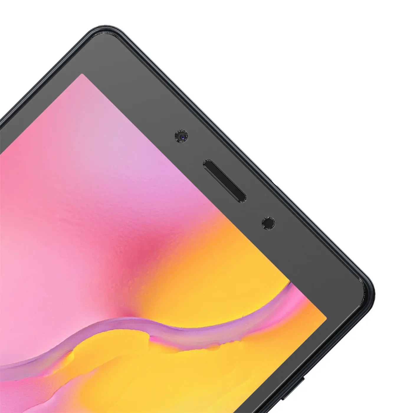 Nahaufnahme eines Samsung Galaxy Tab A 8.0 2019 in Schwarz, schräg von oben. Das Display zeigt ein abstraktes, farbiges.