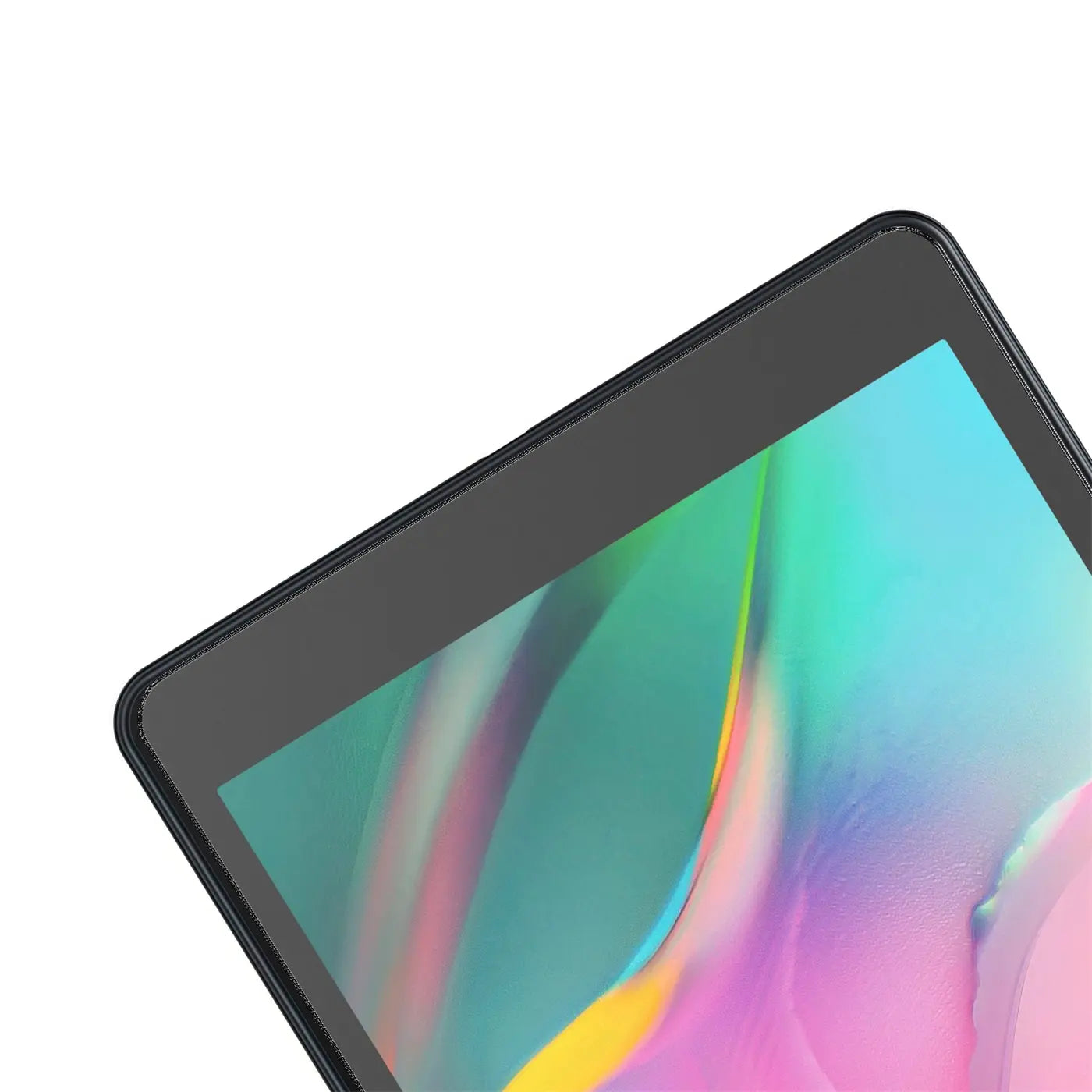 Schwarzes Samsung Galaxy Tab A 8.0 2019 von oben rechts, mit Panzerglas-Displayschutz und buntem Hintergrundbild.