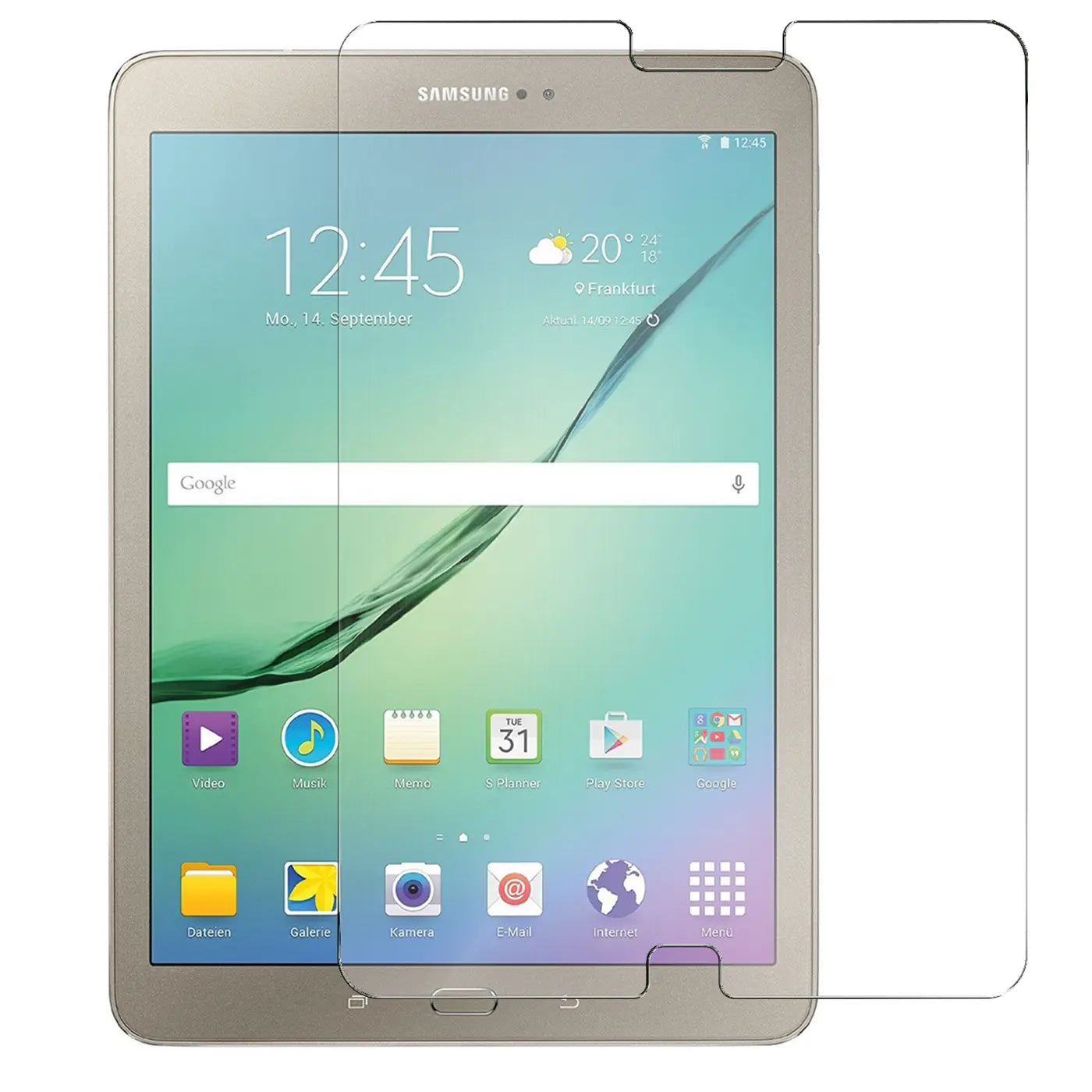Transparenter Panzerglas Displayschutz auf goldenem Samsung Galaxy Tab S2 9.7, frontal von oben.