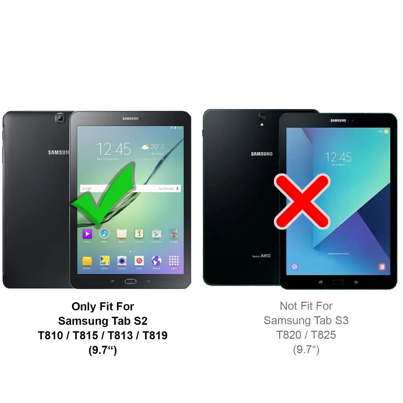Zwei schwarze Samsung Tablets (Tab S2 & Tab S3) von vorne und hinten, mit grünem Haken/rotem X.