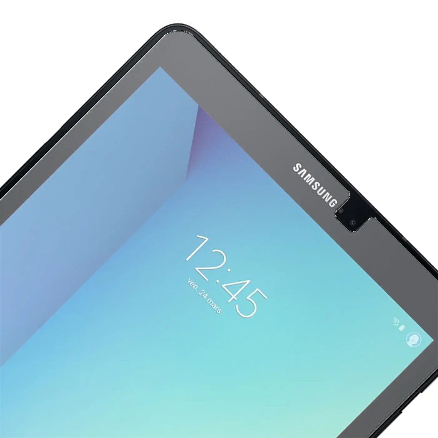 Oberer Bereich eines schwarzen Samsung Galaxy Tab S2 9.7 mit Panzerglas-Displayschutz, schräg von oben.