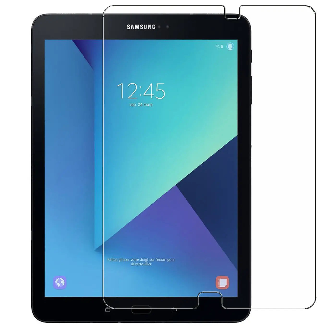 Klares Panzerglas auf schwarzem Samsung Galaxy Tab S3 9.7, von vorne gesehen, mit Aussparungen für Kamera und Home-Button.