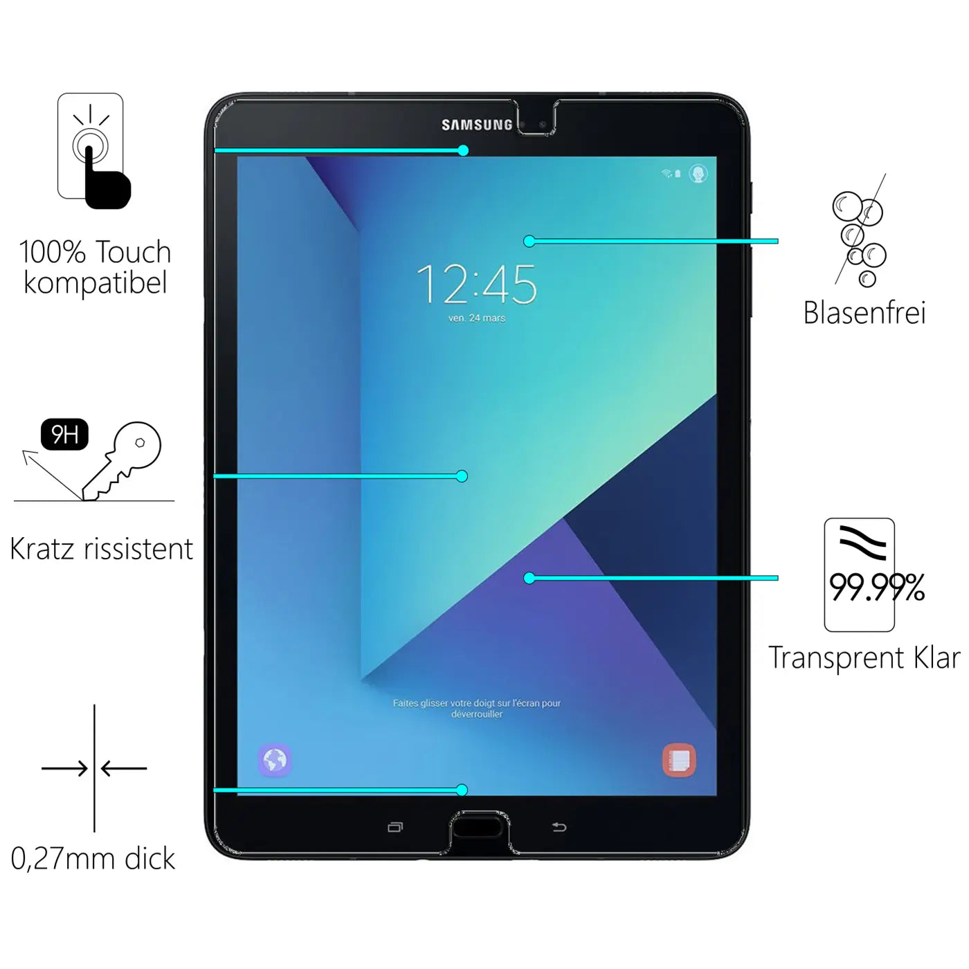 Schwarzes Samsung Galaxy Tab S3 9.7 mit transparentem Panzerglas-Displayschutz, frontal auf weißem Hintergrund.