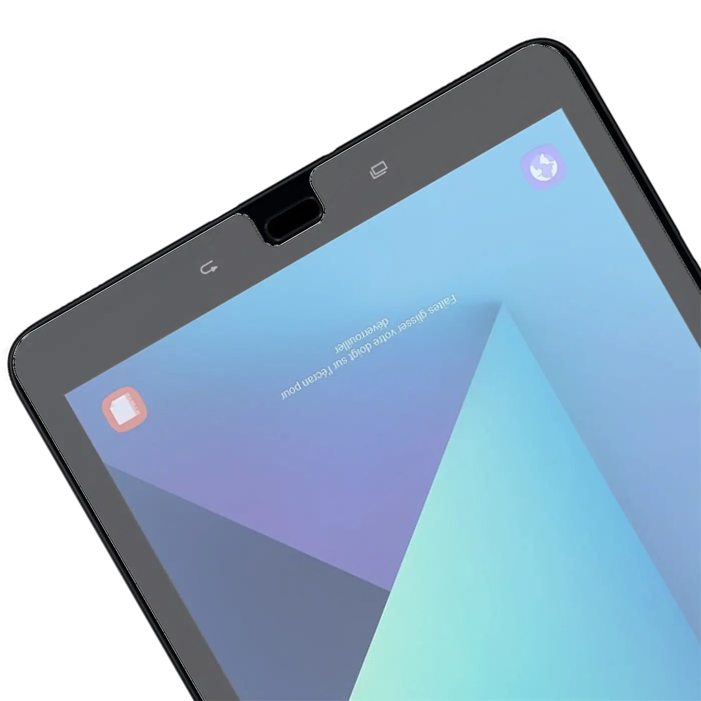 Nahaufnahme eines Samsung Galaxy Tab S3 9.7 mit schwarzem Panzerglas-Displayschutz, schräg von oben.