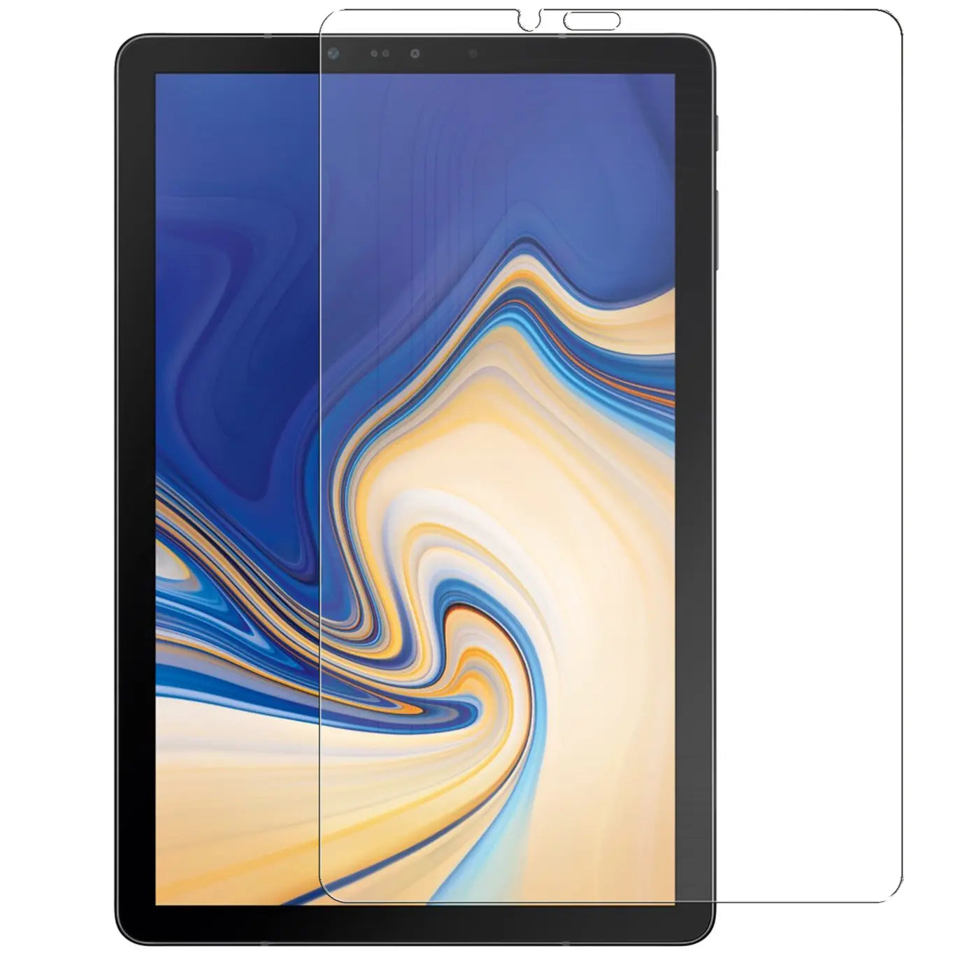 Transparentes Panzerglas für Samsung Galaxy Tab S4 10.5, von vorne auf schwarzem Tablet liegend, weißer Hintergrund.