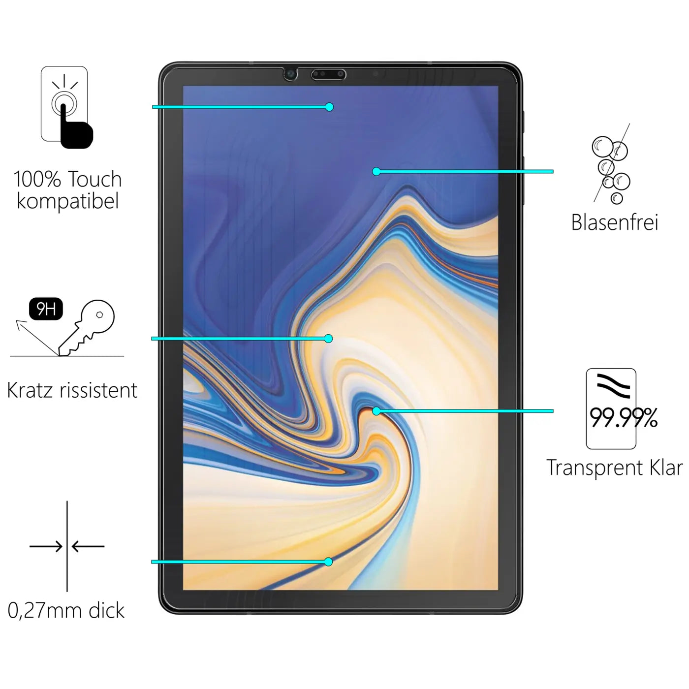 Schwarzes Samsung Galaxy Tab S4 10.5 Tablet, frontal, mit transparentem Panzerglas-Displayschutz und Infografiken.