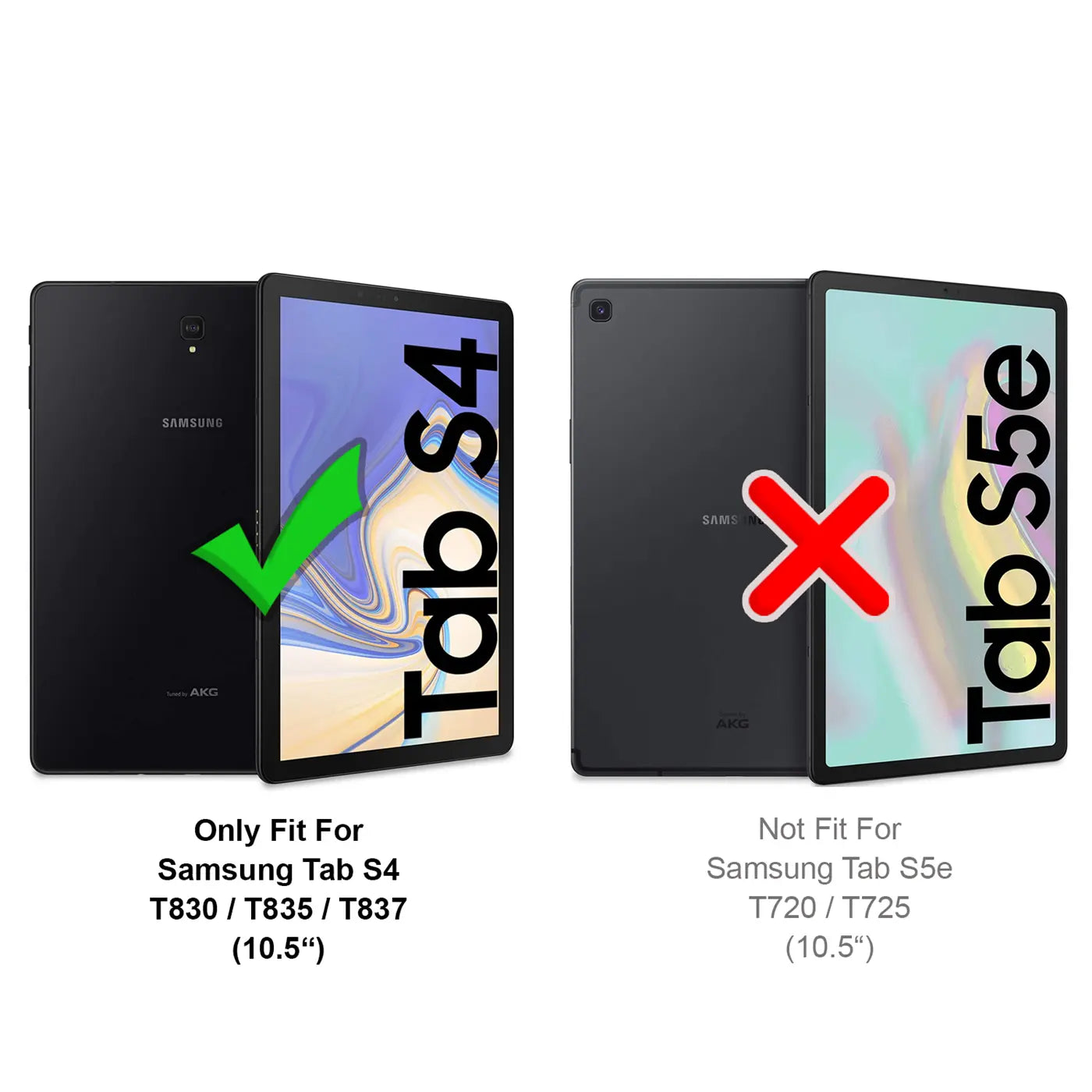 Zwei schwarze Samsung Tablets (Tab S4, Tab S5e) von hinten/vorne, mit grünem Haken auf S4 und rotem X auf S5e.