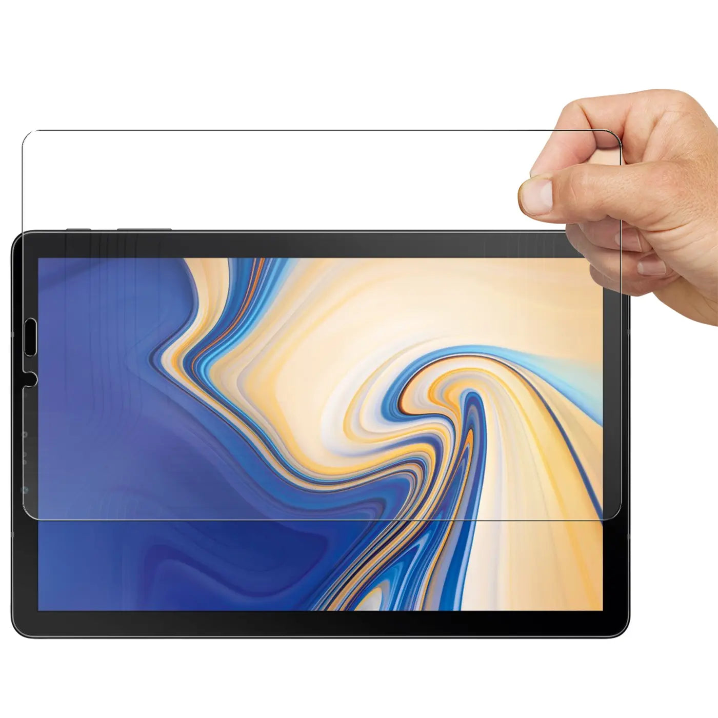 Hand hält transparentes Panzerglas über schwarzem Samsung Galaxy Tab S4 10.5, Display zeigt blau-gelbe Wellen.