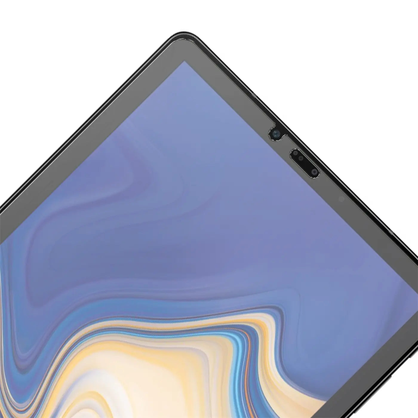 Schrägansicht eines Samsung Galaxy Tab S4 10.5 mit schwarzem Rand und Panzerglas-Displayschutz.