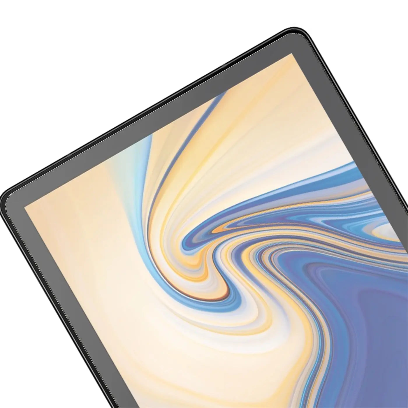 Nahaufnahme eines Samsung Galaxy Tab S4 10.5 mit schwarzem Rahmen und Panzerglas-Displayschutz, schräg von oben.