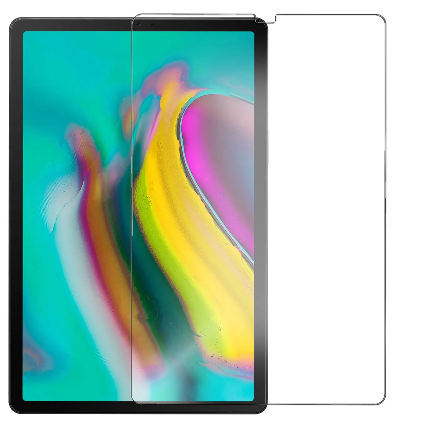 Schwarzes Samsung Galaxy Tab S5e Tablet mit buntem Display und daneben liegendem, transparentem Panzerglas-Displayschutz.