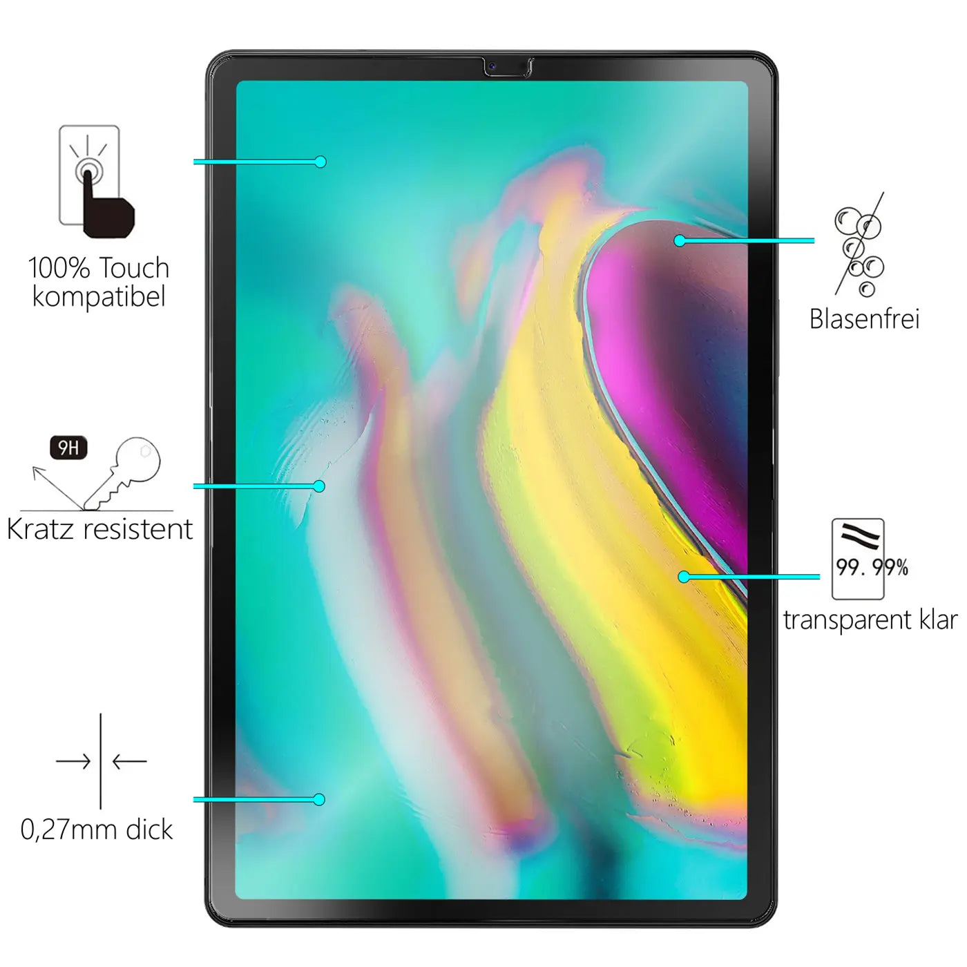 Samsung Galaxy Tab S5e 10.5 mit Panzerglas-Displayschutz (transparent, 9H) von vorne, umgeben von Piktogrammen.