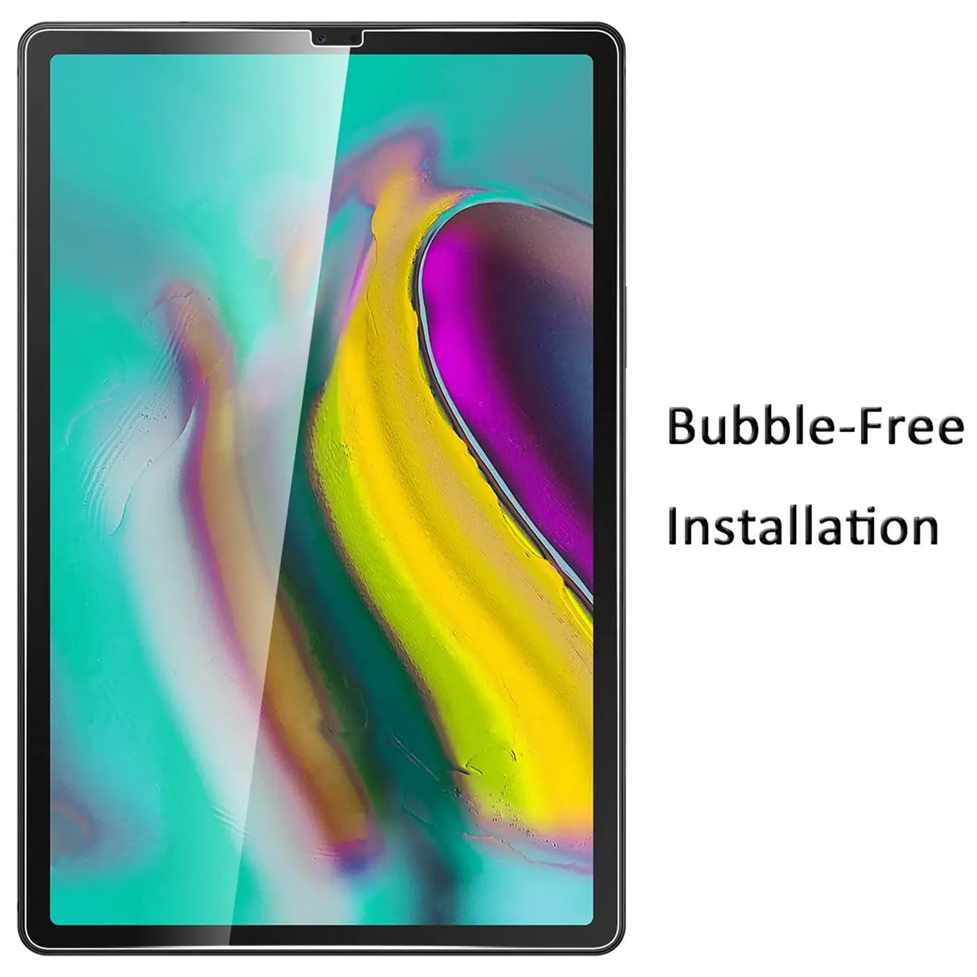 Samsung Galaxy Tab S5e 10.5 mit transparentem Panzerglas-Displayschutz, frontal, leicht glänzend, auf weißem Hintergrund.